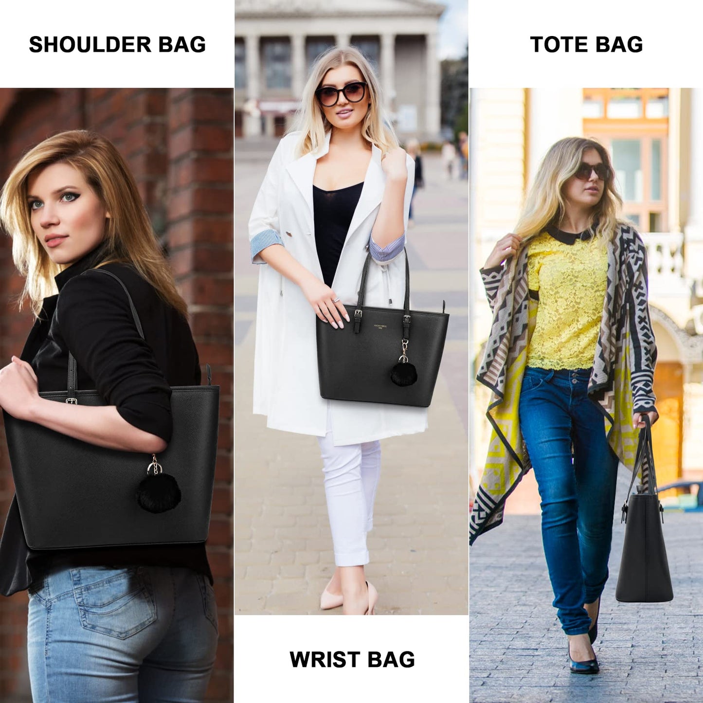 URAQT Women Handbag Tote Bag, 15.6 Inch PU Leather Shoulder Bag Laptop Bags with Adjustable Handle, Lightweight Stylish Designer Large Black Handbags for School Work Travel