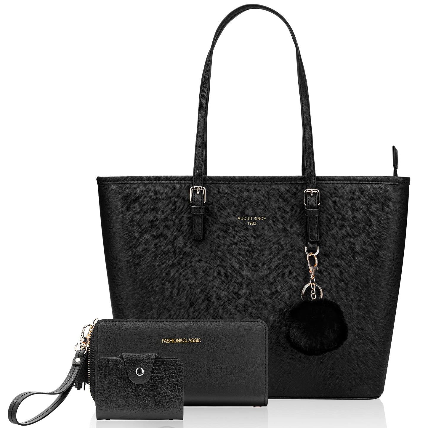 URAQT Women Handbag Tote Bag, 15.6 Inch PU Leather Shoulder Bag Laptop Bags with Adjustable Handle, Lightweight Stylish Designer Large Black Handbags for School Work Travel