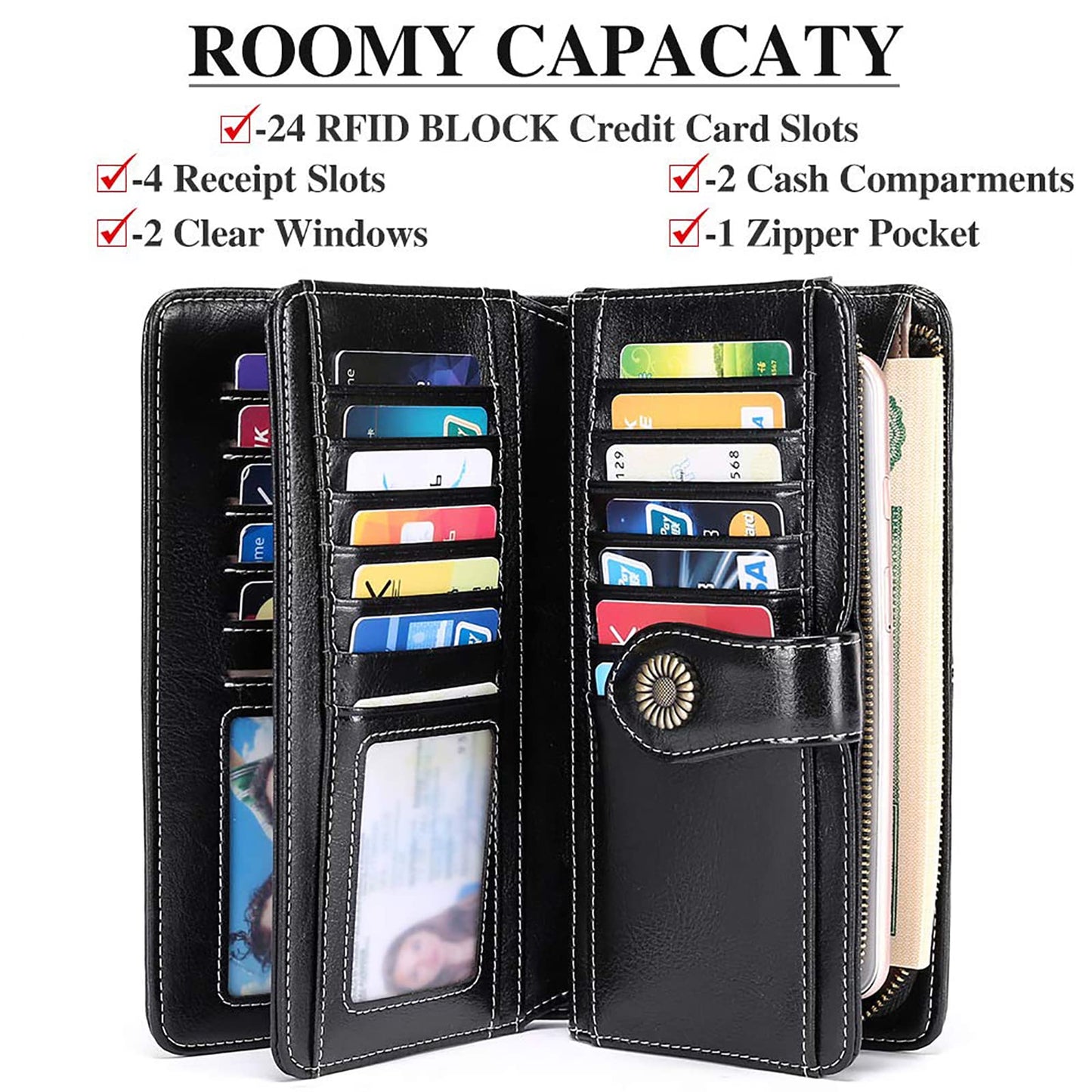 SENDEFN Genuine Leather Purses for Women, RFID Large Ladies Purse, Wallet for Women with Wrist Strap