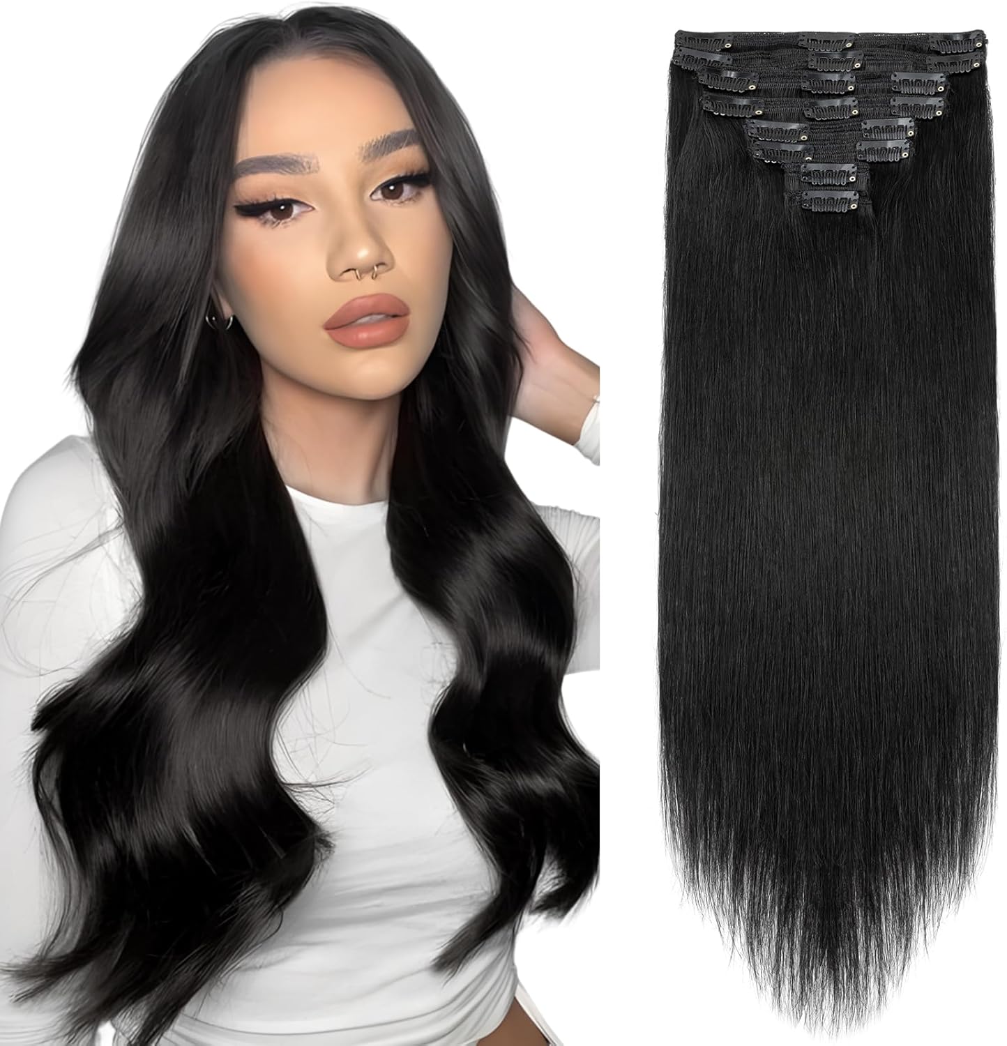 Elailite Clip in Hair Extensions Real Human Hair - 100% Remy Hair Straight 8 Pcs Thin Weft (#12/613 Golden Brown Mix Bleach Blonde, 10 Inch (50 g))