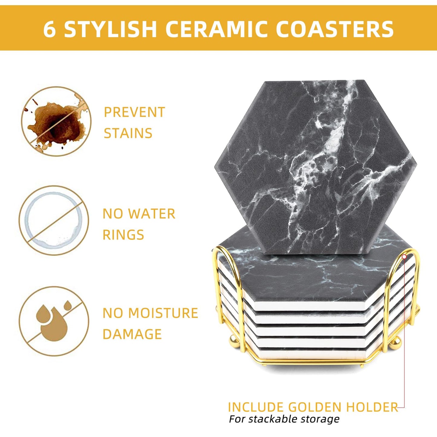 Marble Coasters for Drinks Absorbent with Cork Base, 8pcs Drink Coasters for Wooden Table with Metal Holder, Gold Ceramic Cup Coaster Set Rustic Home Decor for Living Room Bar Housewarming Gifts 4 ''