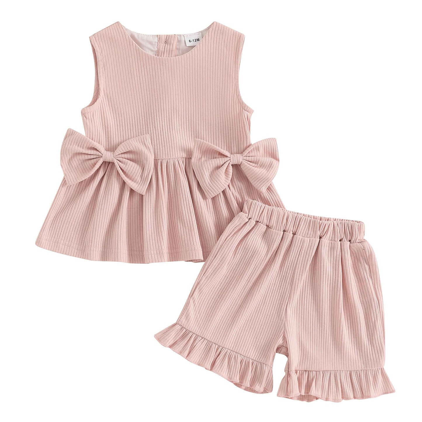 YILEEGOO Toddler Baby Girl Summer Outfits Cotton Baby Clothes Ribbed Sleeveless Bow Ruffled Tank Vest Shirt Tops with Shorts Set