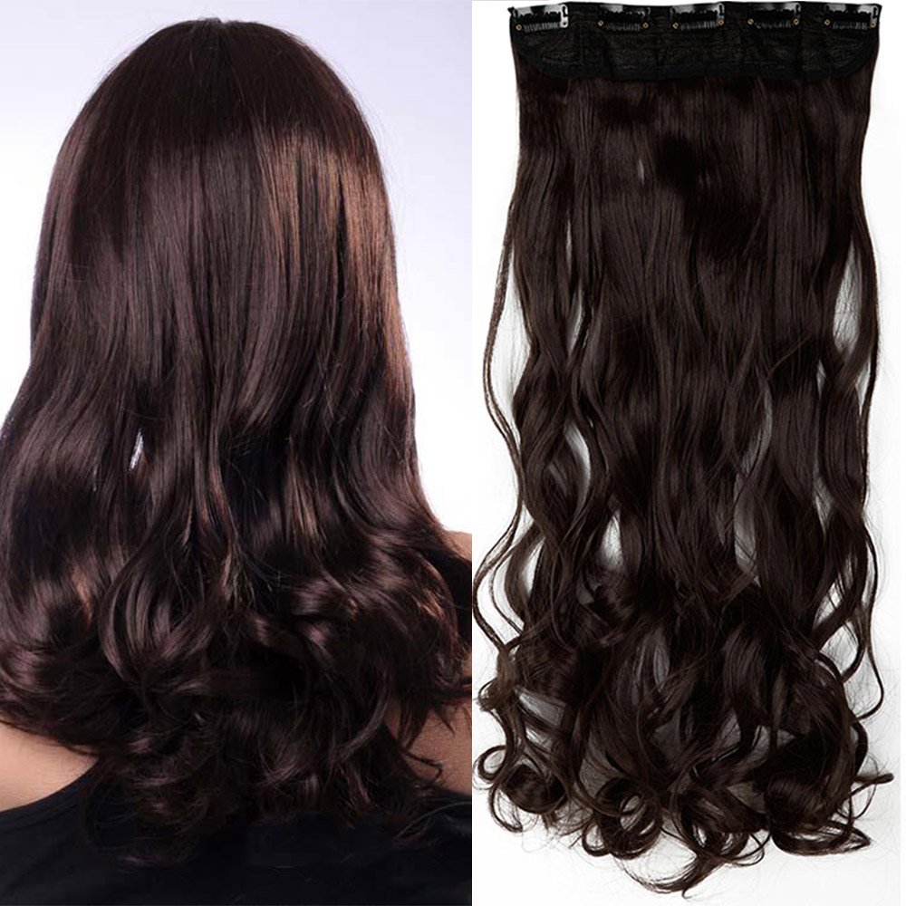 24 Inch One Piece Hair Extensions Clip In Curly Hairpieces Wavy 5 Clips - Dark Brown(60cm-120g)