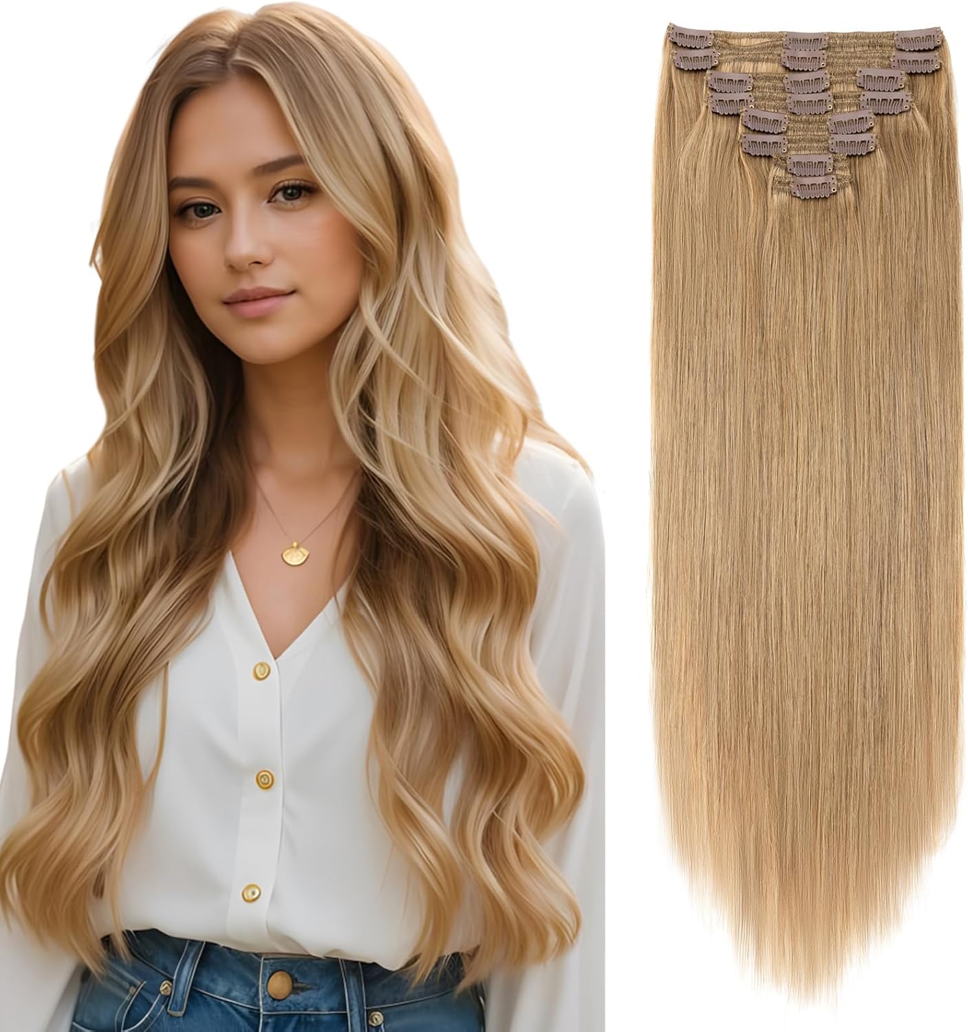 Elailite Clip in Hair Extensions Real Human Hair - 100% Remy Hair Straight 8 Pcs Thin Weft (#12/613 Golden Brown Mix Bleach Blonde, 10 Inch (50 g))