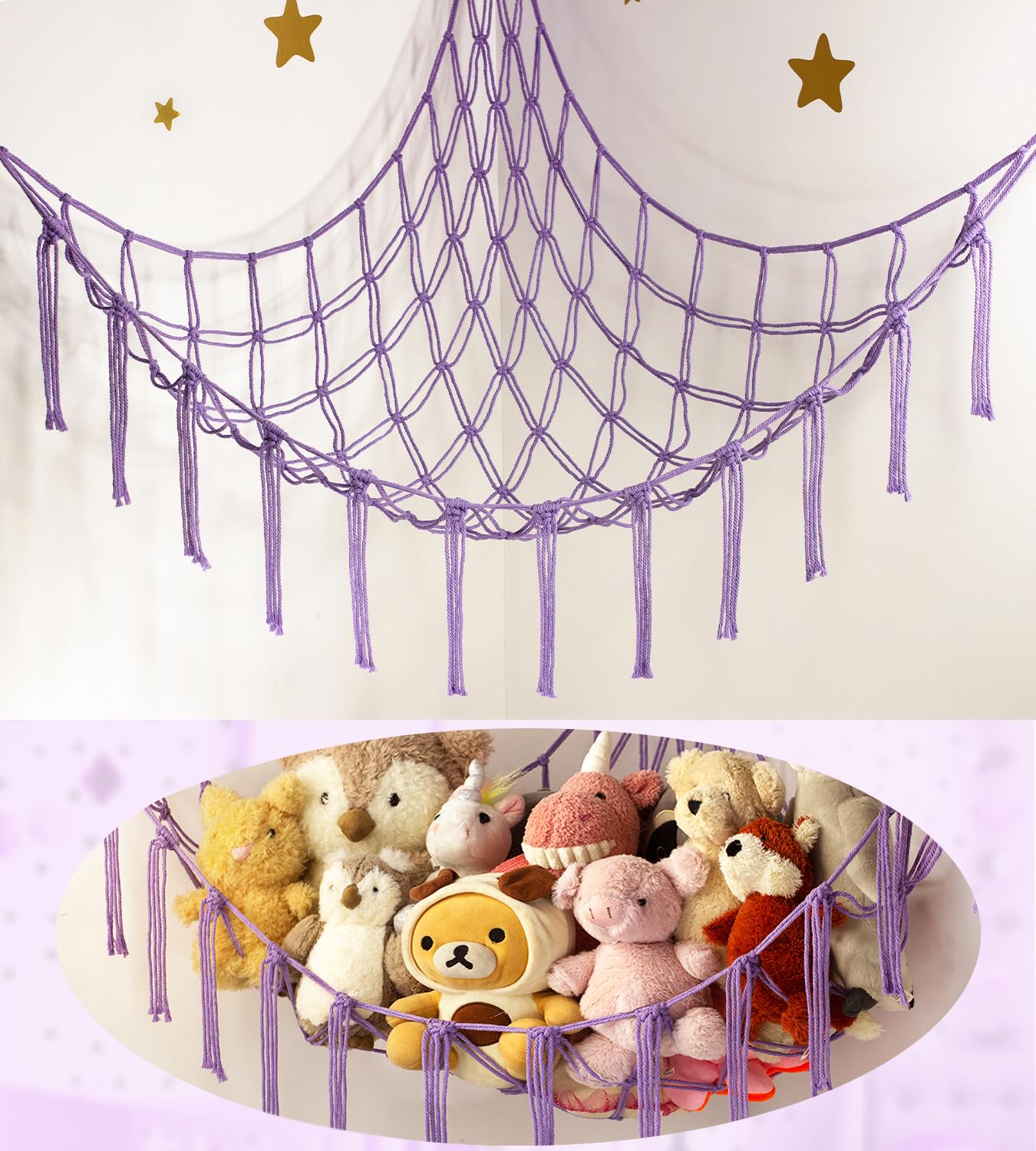 Stuffed Animal Storage Hammock - Baby Toy Hammock Net for Stuffed Animals Cute Room Decor -Large Stuff Animal Organizer Holder for Plush Plushie - Kids Nursery Beige Bedroom Home Decor