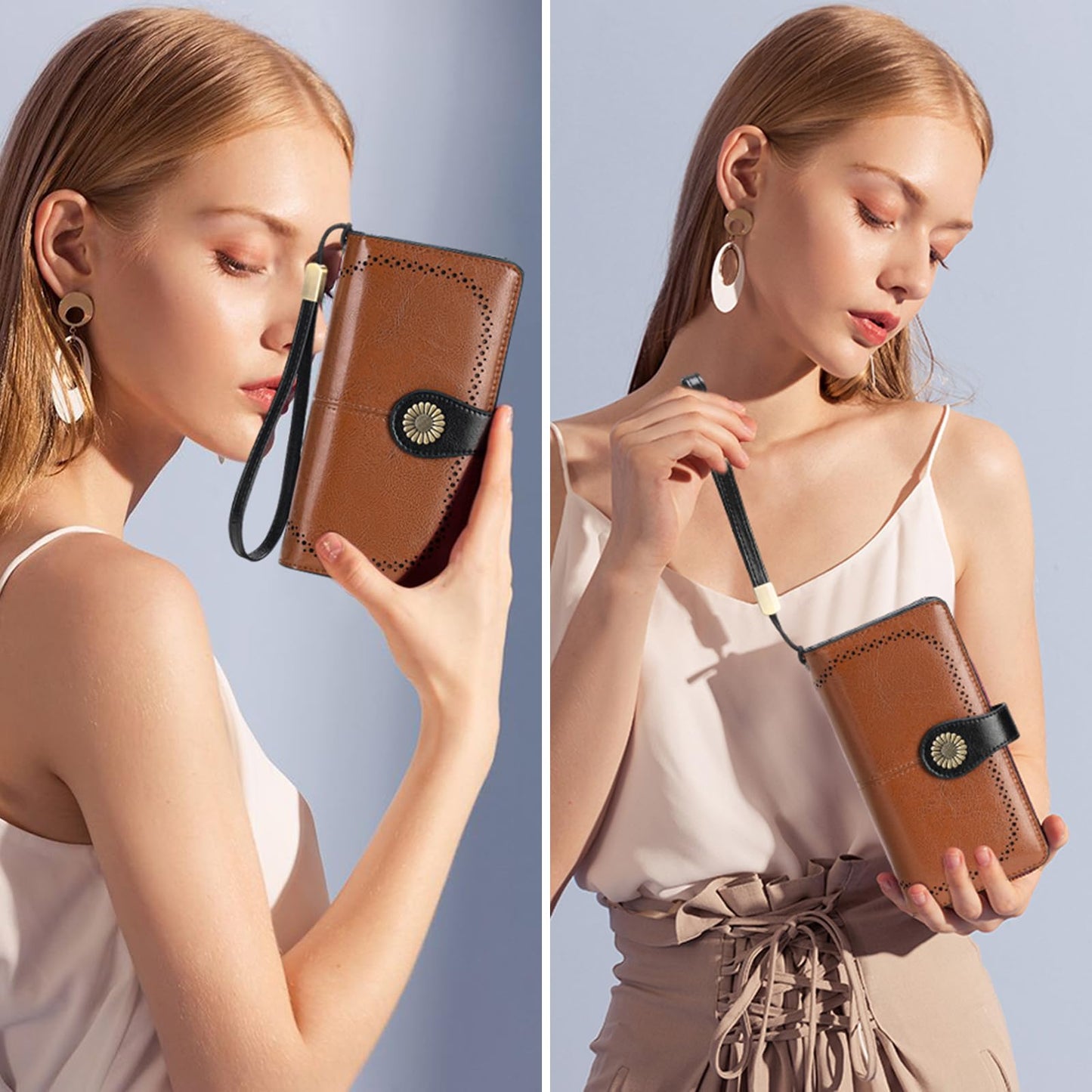 SENDEFN Genuine Leather Purses for Women, RFID Large Ladies Purse, Wallet for Women with Wrist Strap