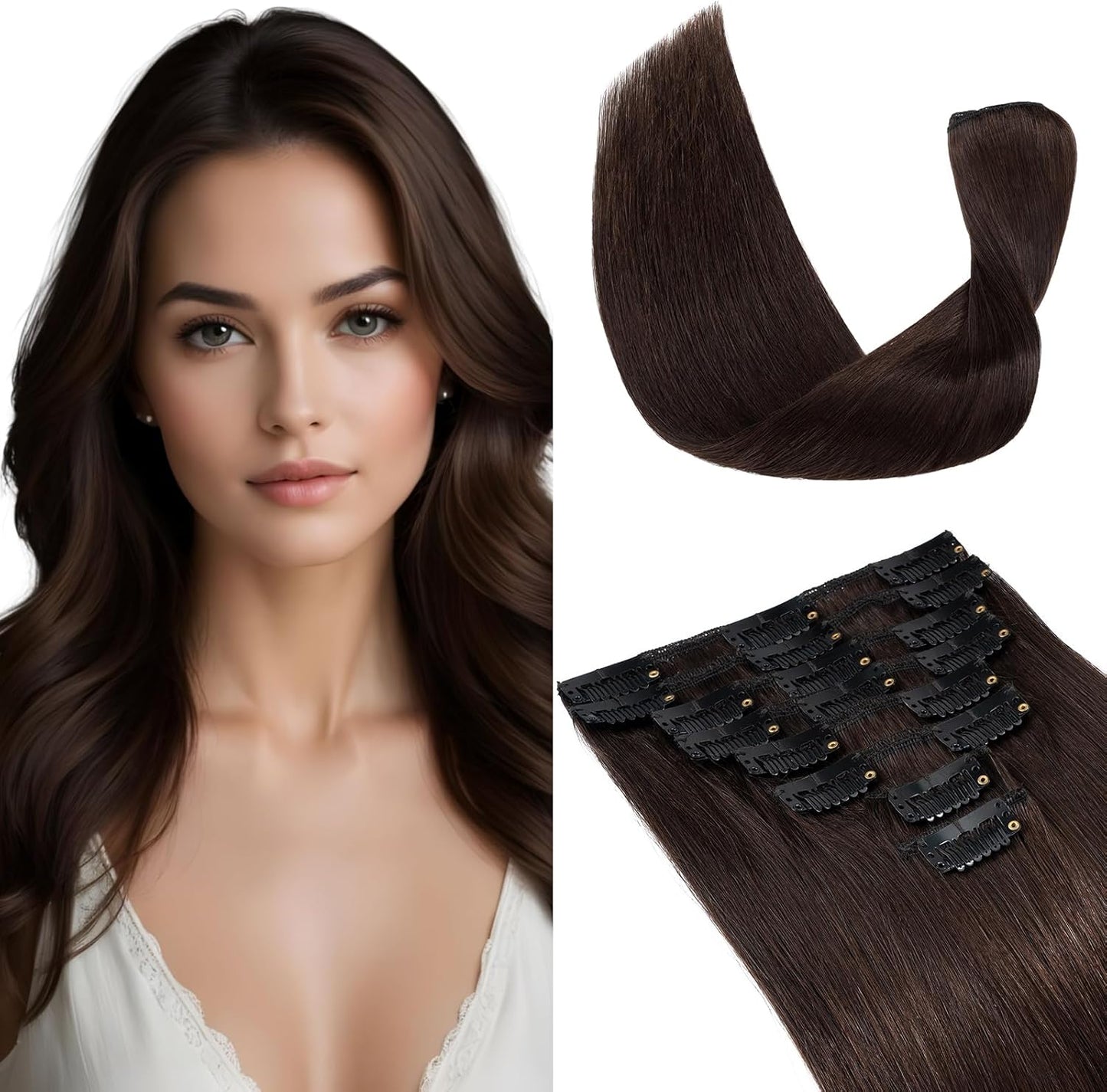Elailite Clip in Hair Extensions Real Human Hair - 100% Remy Hair Straight 8 Pcs Thin Weft (#12/613 Golden Brown Mix Bleach Blonde, 10 Inch (50 g))