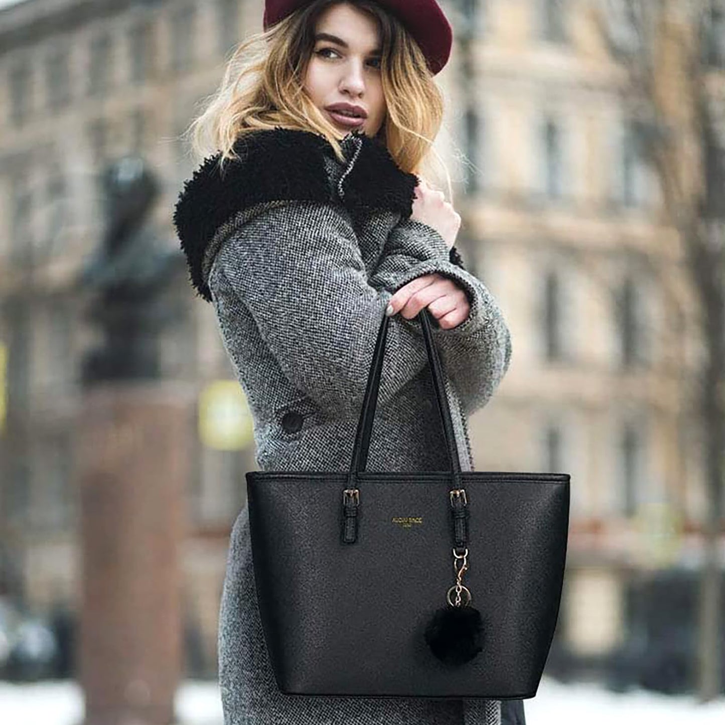 URAQT Women Handbag Tote Bag, 15.6 Inch PU Leather Shoulder Bag Laptop Bags with Adjustable Handle, Lightweight Stylish Designer Large Black Handbags for School Work Travel