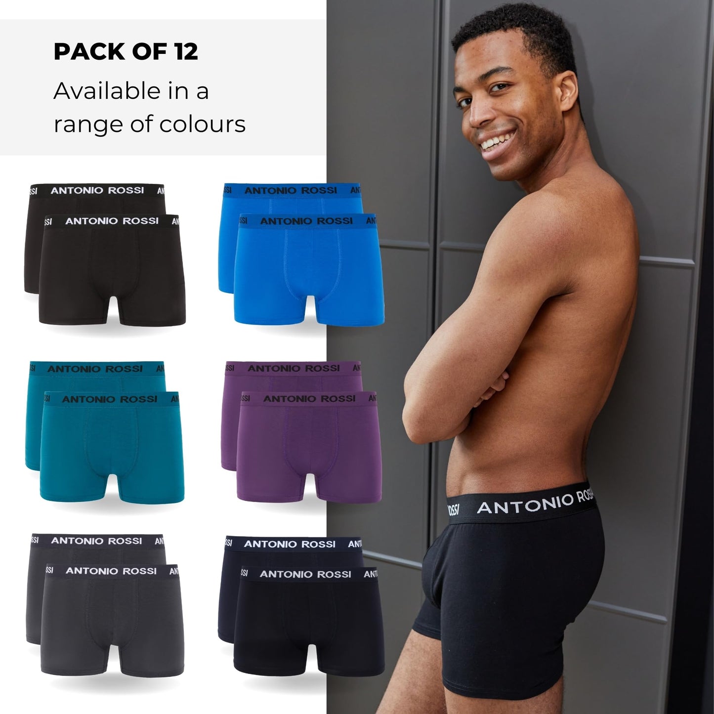ANTONIO ROSSI (12-Pack) Men's Fitted Boxer Hipsters - Mens Boxers Shorts Multipack with Elastic Waistband - Cotton Rich, Soft and Comfortable Underwear
