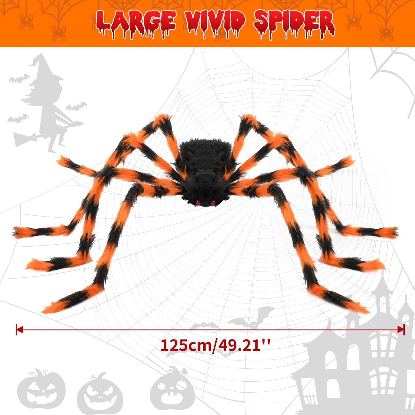 benpen Halloween Decorations Outdoor Gaint Spider:50'' Halloween Spiders Decor+10pcs Scary Hairy Fake Spiders+60g Cobweb Props for Indoor Outdoor Scary Haunted House Theme Party Yard