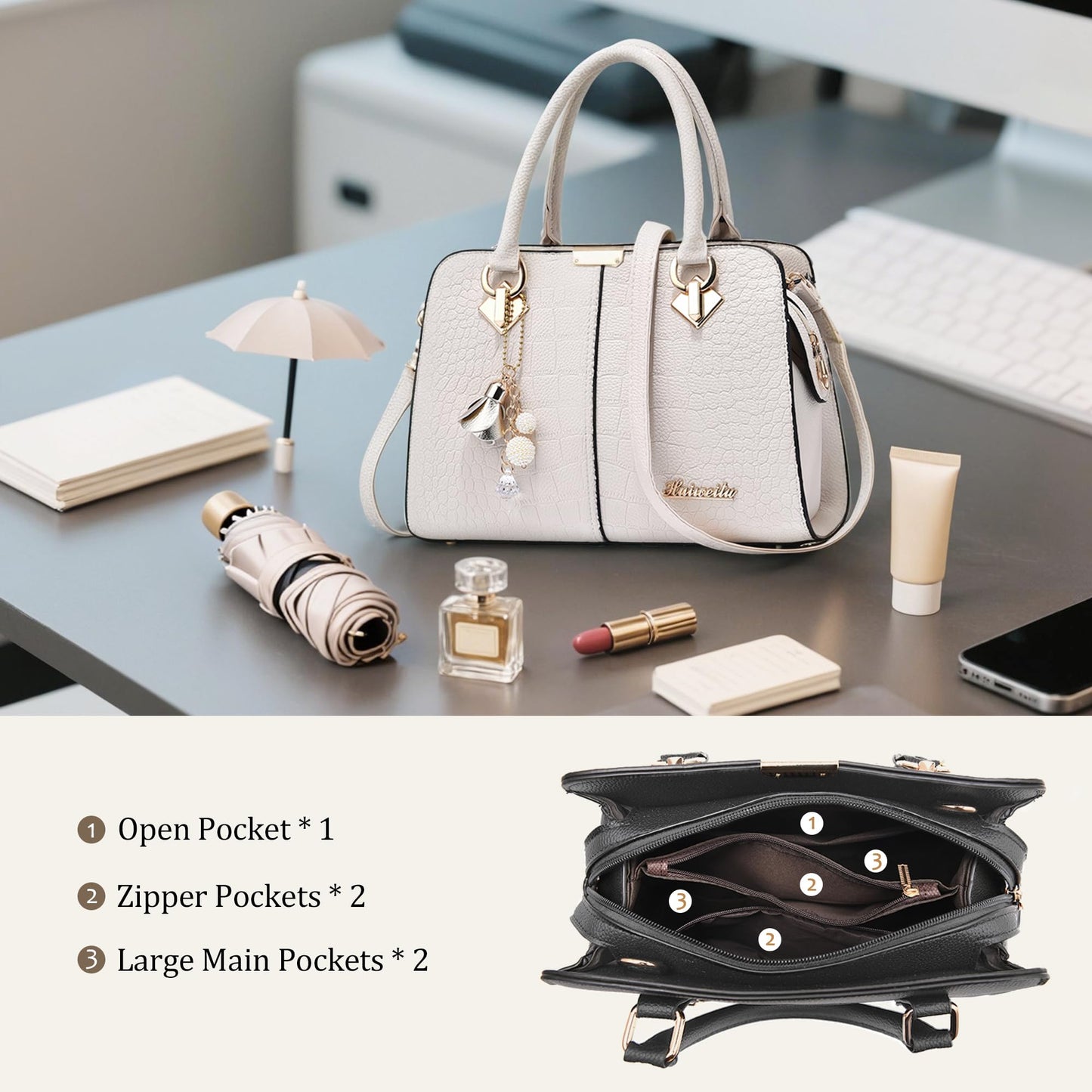 FORRICA Handbags for Women Elegant Pendant Ladies Shoulder Bags Top Handle Crossbody Bag PU Leather for Shopping Work Dating Black B