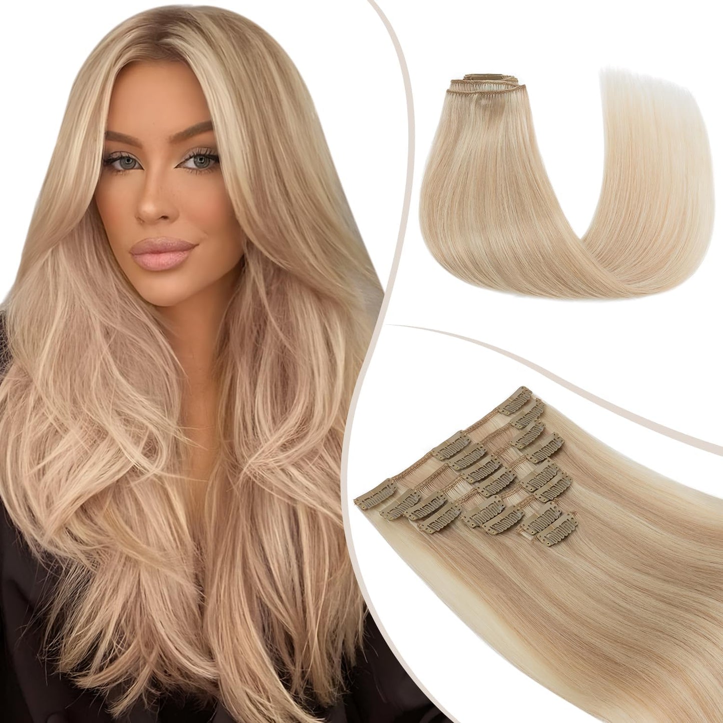 TESS Clip in Hair Extensions Real Human Hair Highlighted Remy Seamless 8 Pieces Straight Short for Women/Girls (#12P613 Golden Brown & Bleach Blonde, 10 Inch 50g)