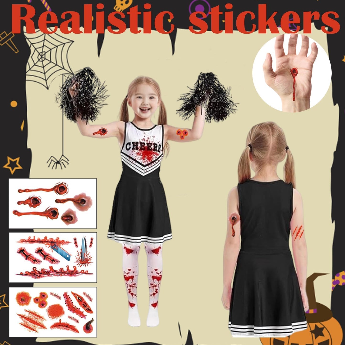 9PCS 130 yards/140 yards Cheerleader Outfit, Zombie Costume Cheerleader, Zombie Fancy Dress Outfit for Girls Girls' Cheerleader Uniform Outfits Womens Costume Cheerleader Costume Dress Outfit Kids