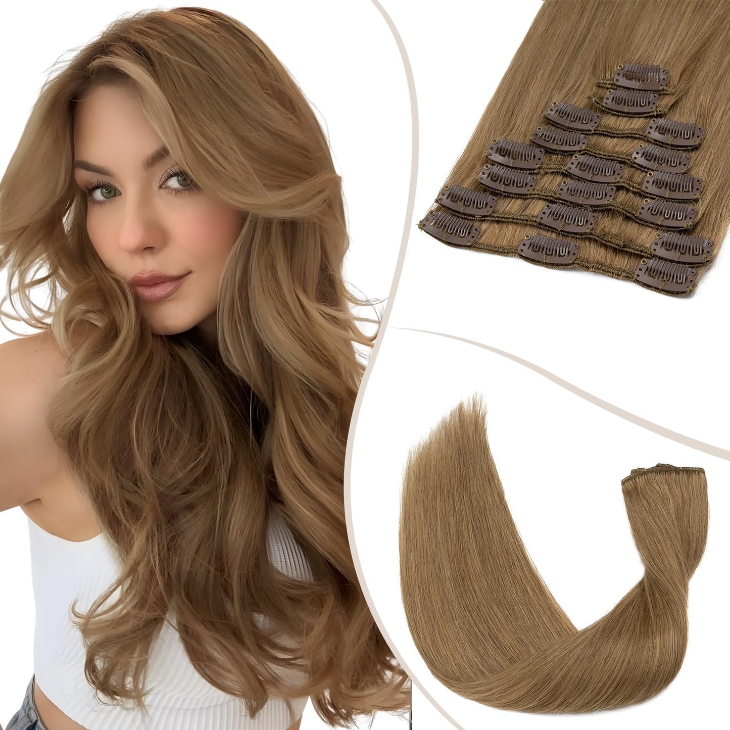 TESS Clip in Hair Extensions Real Human Hair Highlighted Remy Seamless 8 Pieces Straight Short for Women/Girls (#12P613 Golden Brown & Bleach Blonde, 10 Inch 50g)