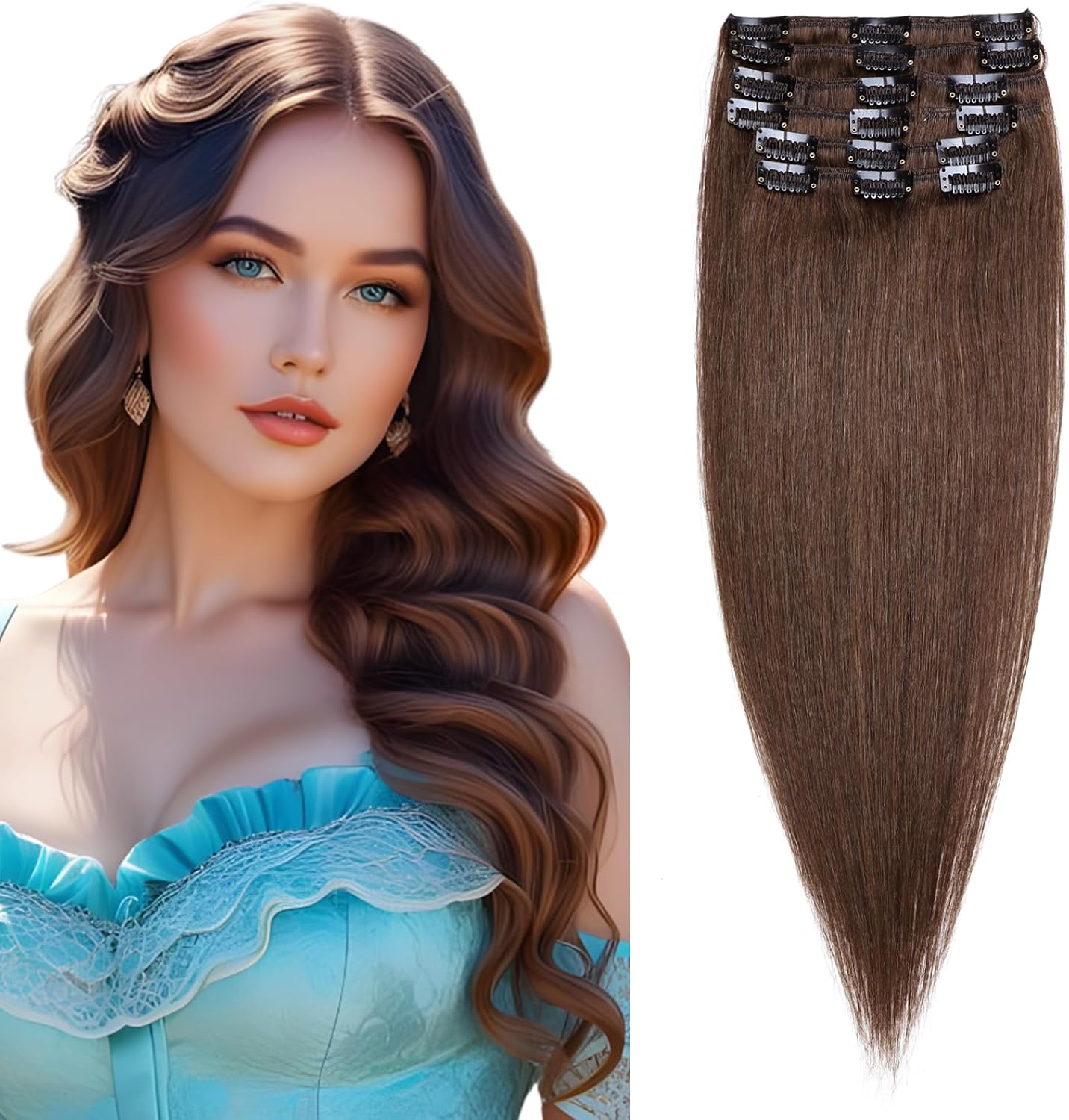 Elailite Clip in Hair Extensions Real Human Hair - 100% Remy Hair Straight 8 Pcs Thin Weft (#12/613 Golden Brown Mix Bleach Blonde, 10 Inch (50 g))