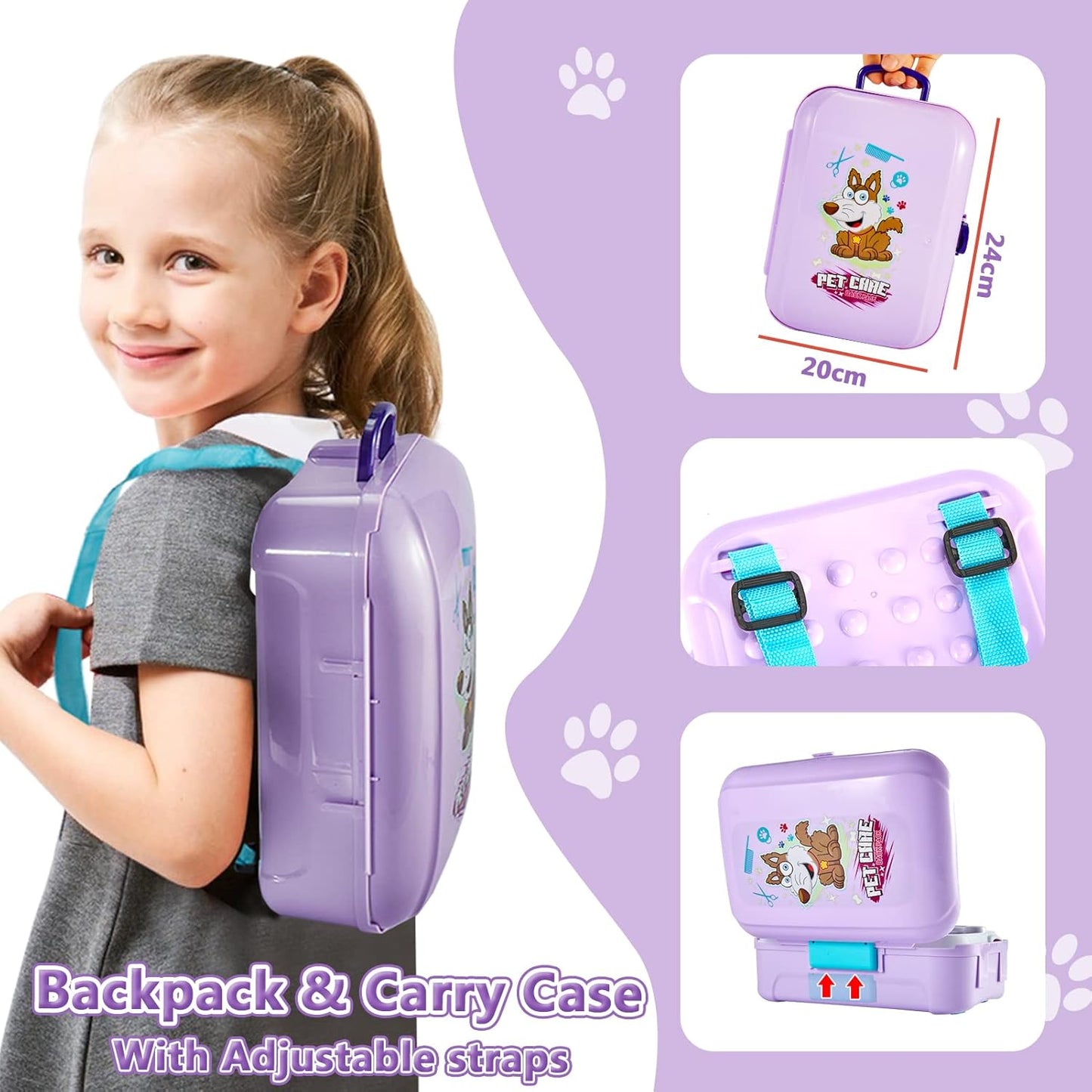 HERSITY Kids Vet Kit Dog Grooming Toy Pet Care Role Play Games Animal Dolls Pretend Play Pet Carrier Set Toys 3 4 5 Year Old Girls Boys Children Gifts