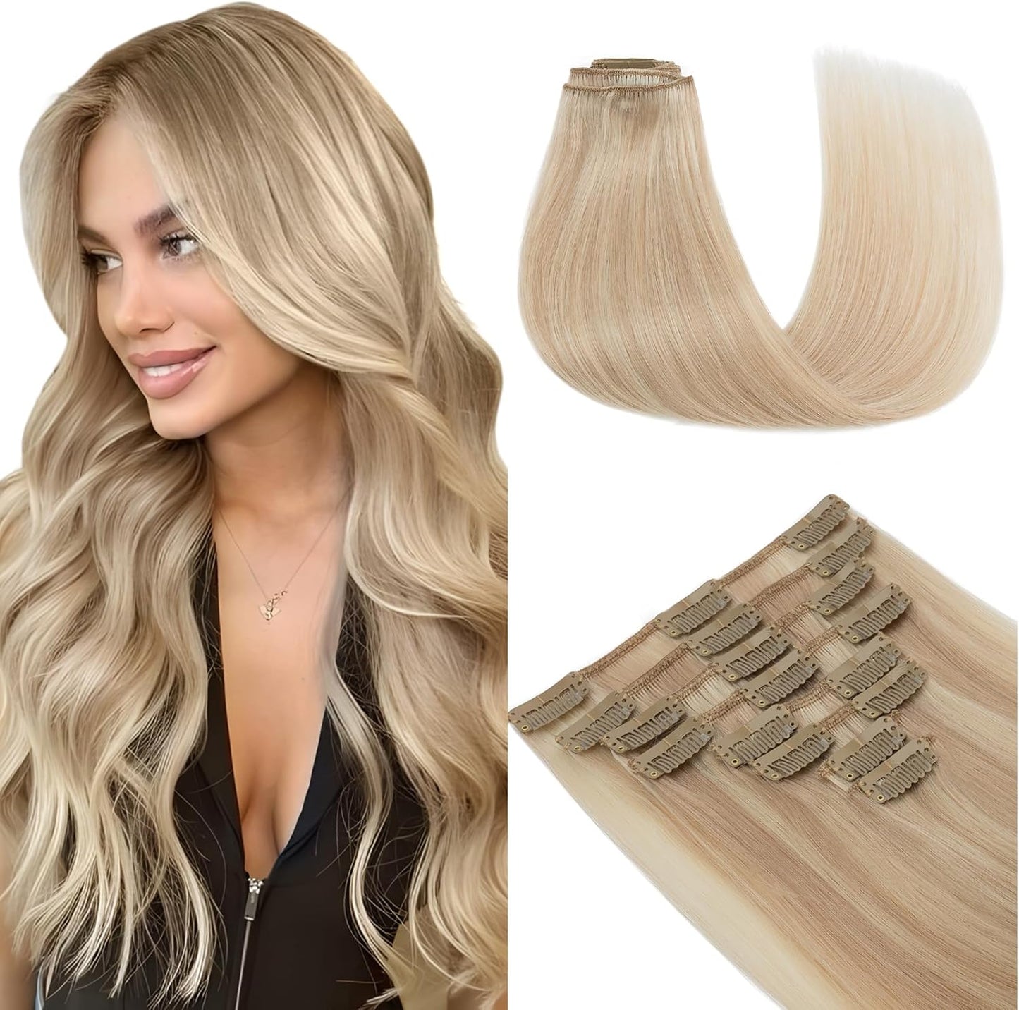 Elailite Clip in Hair Extensions Real Human Hair - 100% Remy Hair Straight 8 Pcs Thin Weft (#12/613 Golden Brown Mix Bleach Blonde, 10 Inch (50 g))