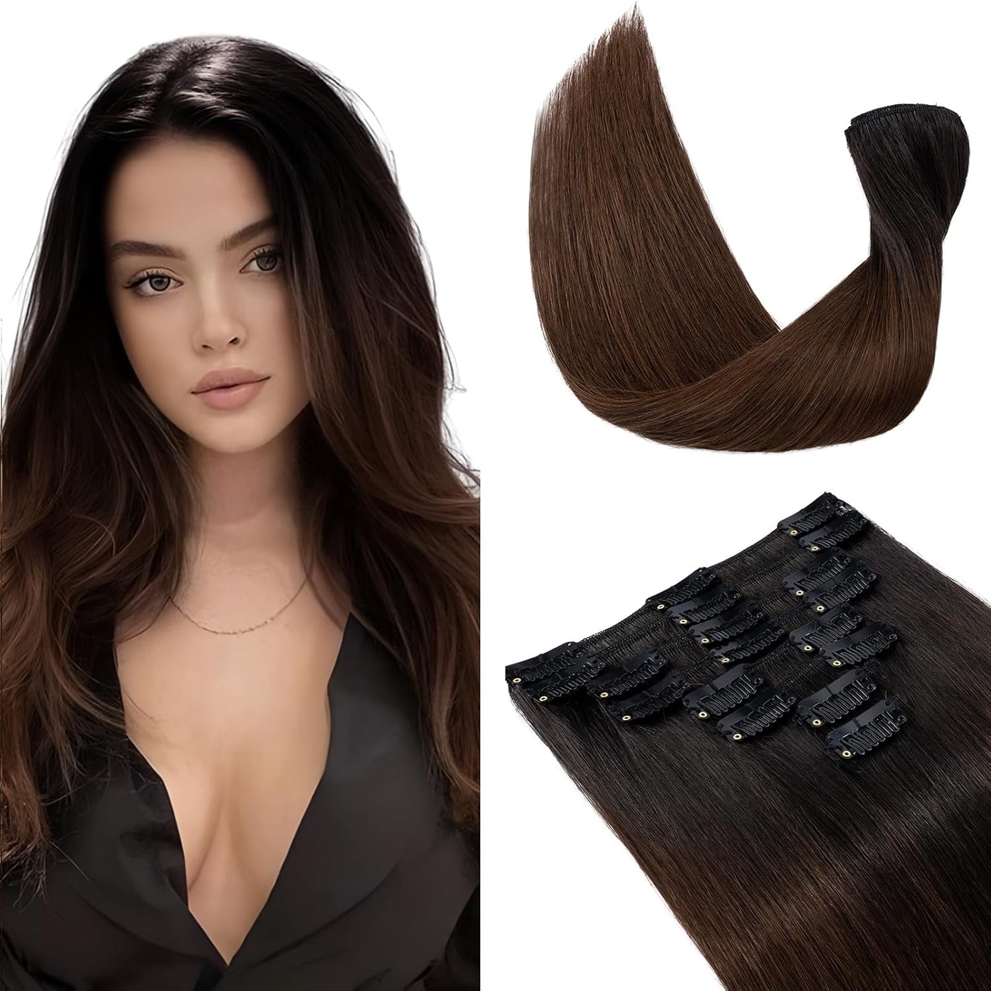 Elailite Clip in Hair Extensions Real Human Hair - 100% Remy Hair Straight 8 Pcs Thin Weft (#12/613 Golden Brown Mix Bleach Blonde, 10 Inch (50 g))