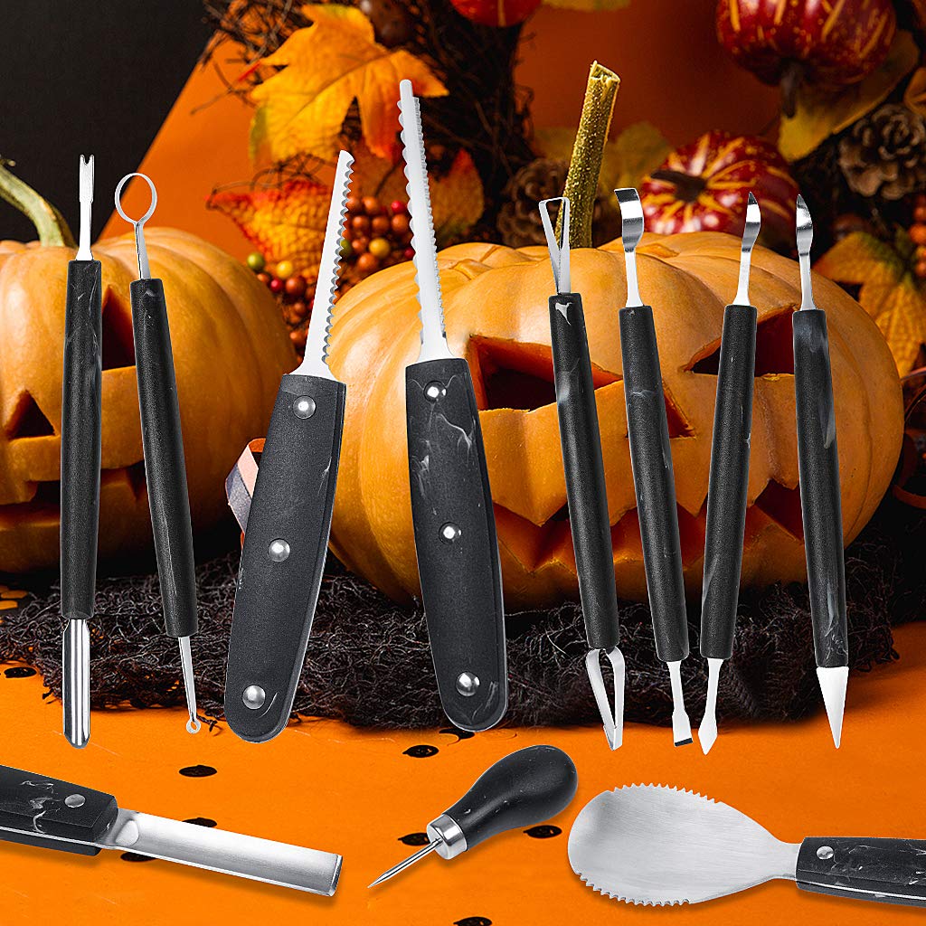 OWUDE Professional Pumpkin Carving Kit, 11 Pieces Heavy Duty Stainless Steel Carving Tools for Halloween with Carrying Case and 10 Pcs Carving Templates-Black