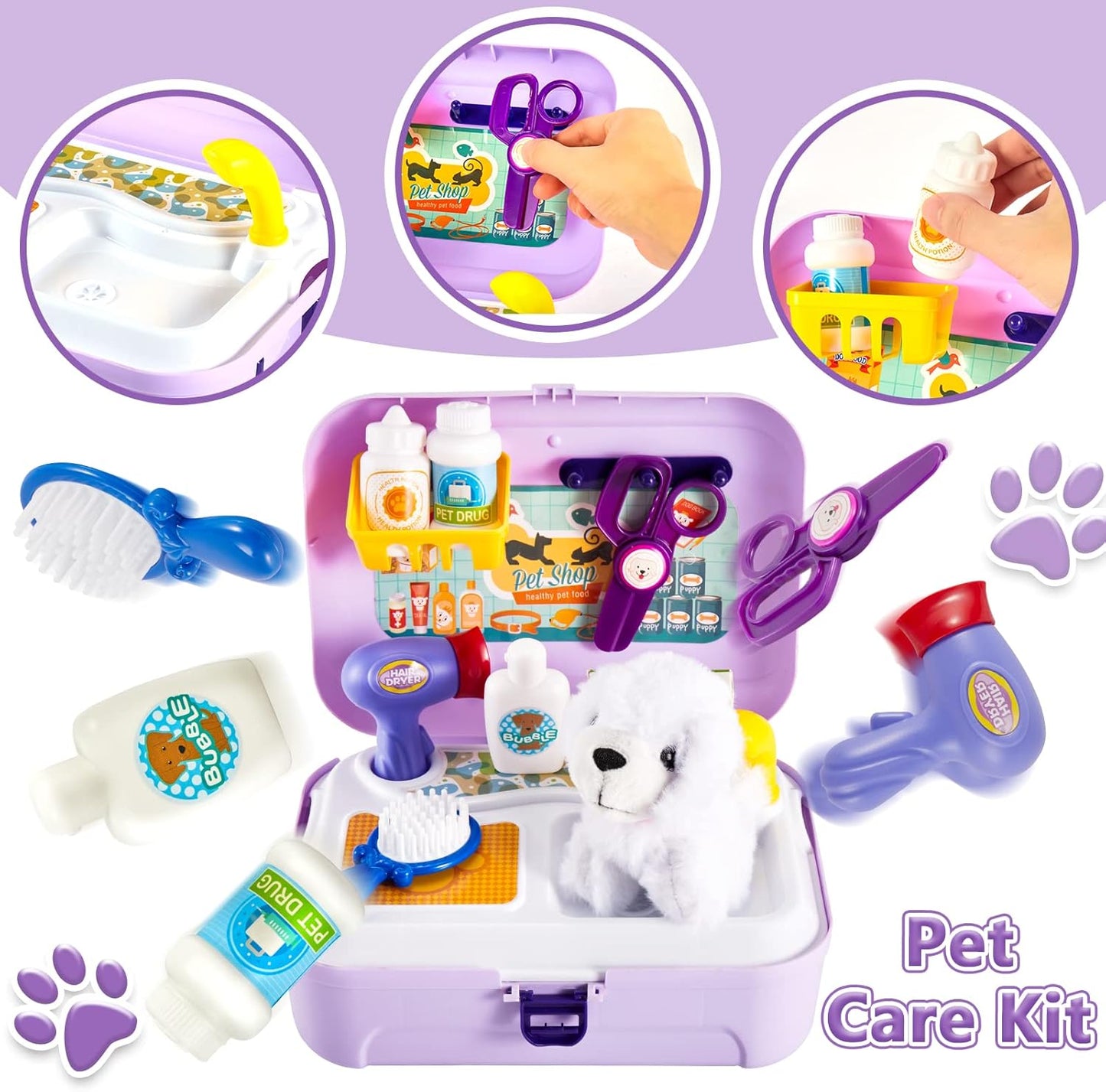 HERSITY Kids Vet Kit Dog Grooming Toy Pet Care Role Play Games Animal Dolls Pretend Play Pet Carrier Set Toys 3 4 5 Year Old Girls Boys Children Gifts