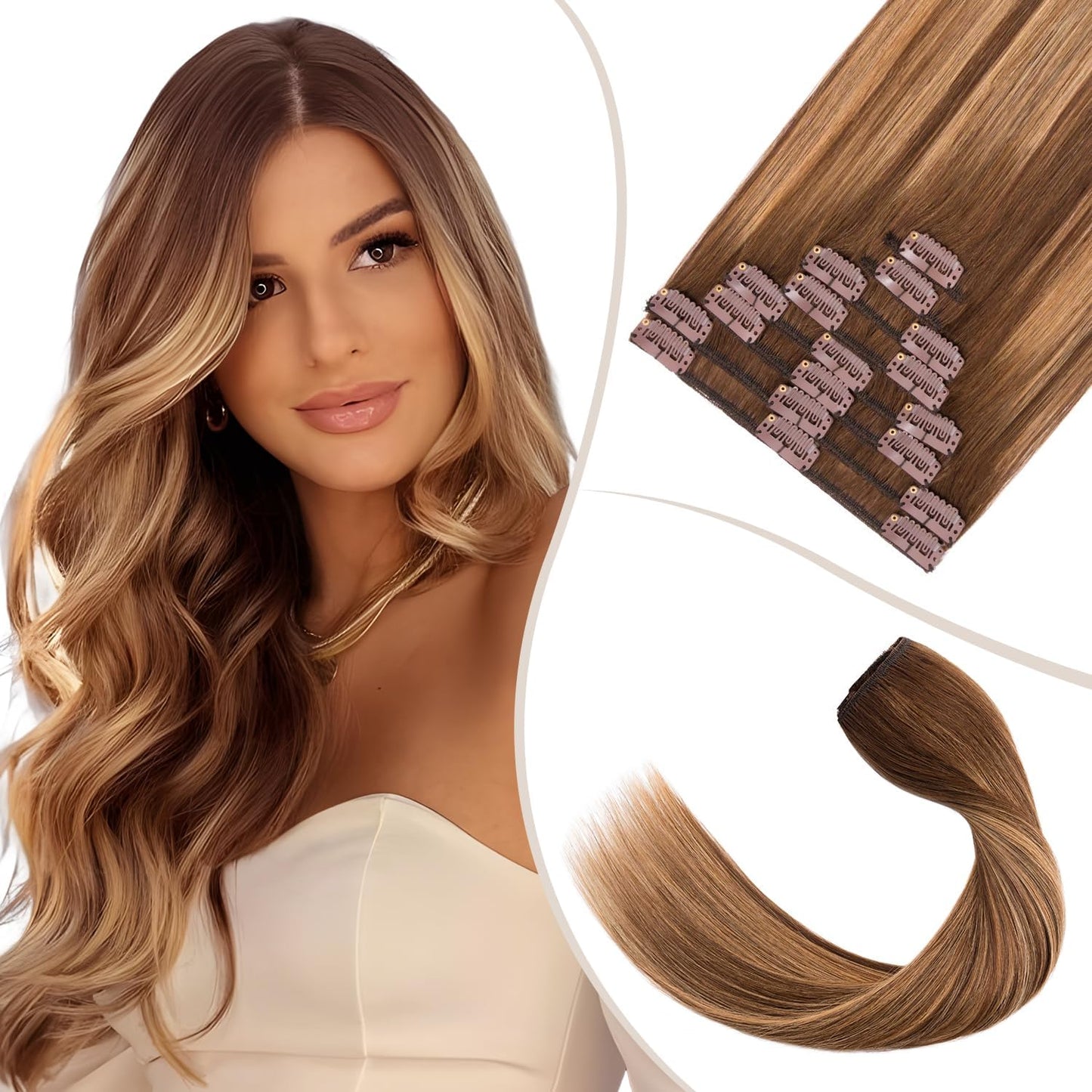 TESS Clip in Hair Extensions Real Human Hair Highlighted Remy Seamless 8 Pieces Straight Short for Women/Girls (#12P613 Golden Brown & Bleach Blonde, 10 Inch 50g)