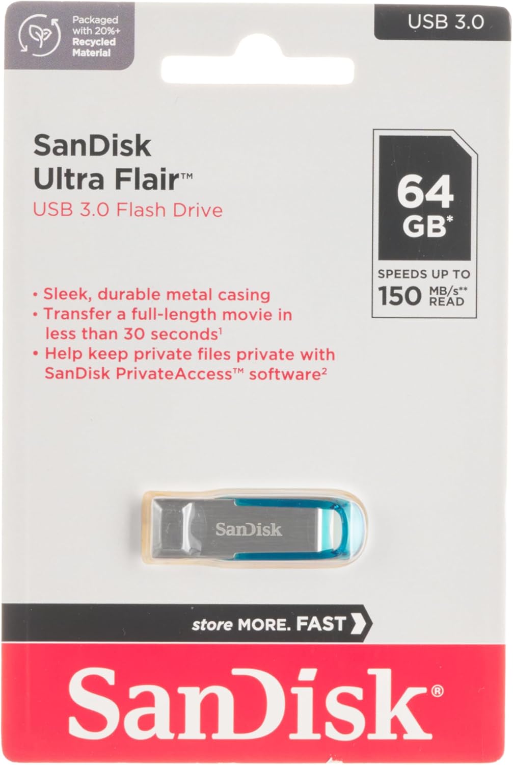 SanDisk 128GB Ultra Flair USB 3.0 Flash Drive USB stick, Memory stick with transfer speeds up to 150 MB/s, Password protection, Durable, Sleek Metal Casing Silver/Black