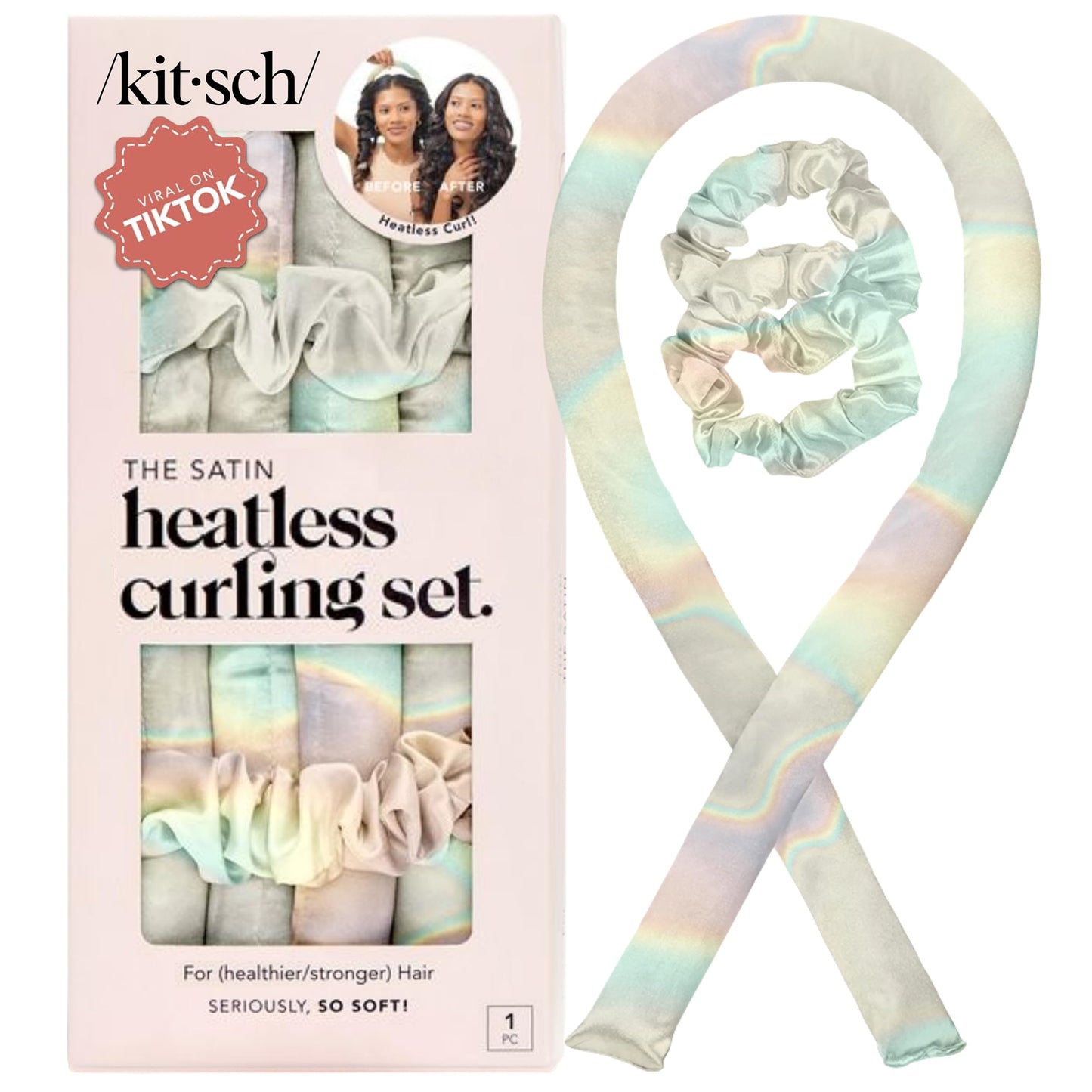 Kitsch Heatless Curling Set - Satin Heatless Curler, Hair Curler No Heat, Heatless Curler for long and short hair, Overnight Curls with 2 Satin Scrunchies and Blowout Rod - Sunset Tie Dye