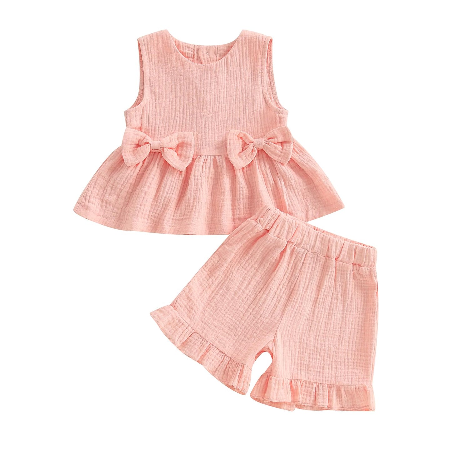 YILEEGOO Toddler Baby Girl Summer Outfits Cotton Baby Clothes Ribbed Sleeveless Bow Ruffled Tank Vest Shirt Tops with Shorts Set