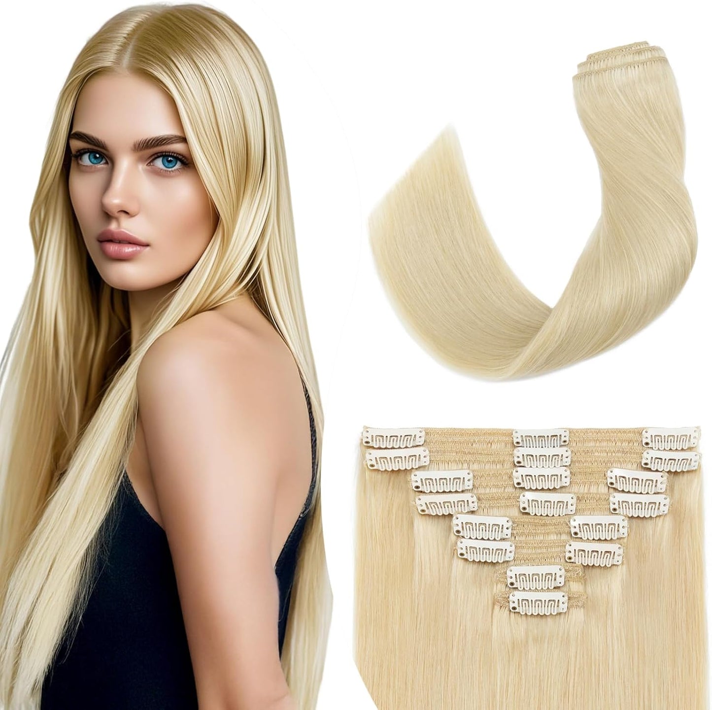 Elailite Clip in Hair Extensions Real Human Hair - 100% Remy Hair Straight 8 Pcs Thin Weft (#12/613 Golden Brown Mix Bleach Blonde, 10 Inch (50 g))