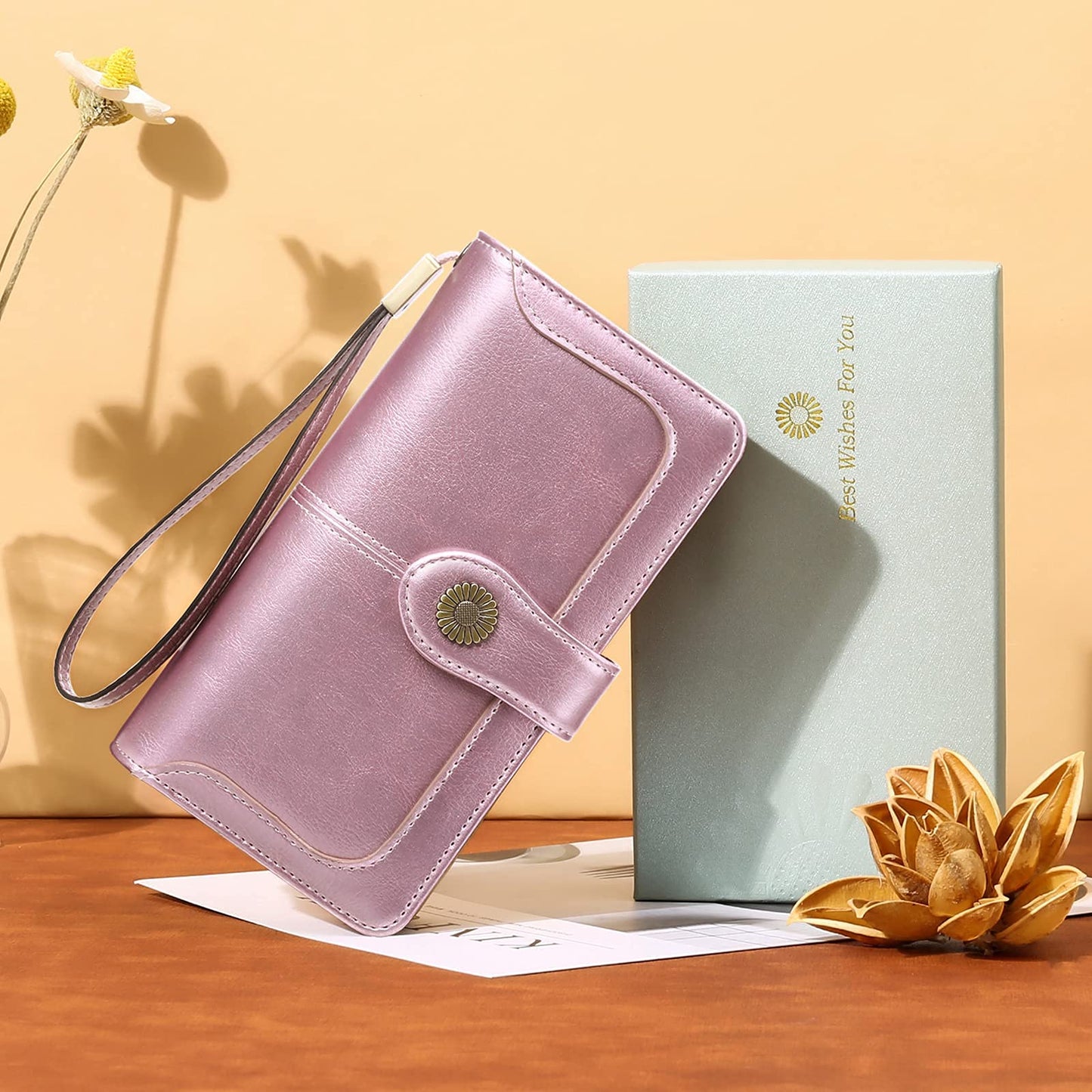 SENDEFN Genuine Leather Purses for Women, RFID Large Ladies Purse, Wallet for Women with Wrist Strap