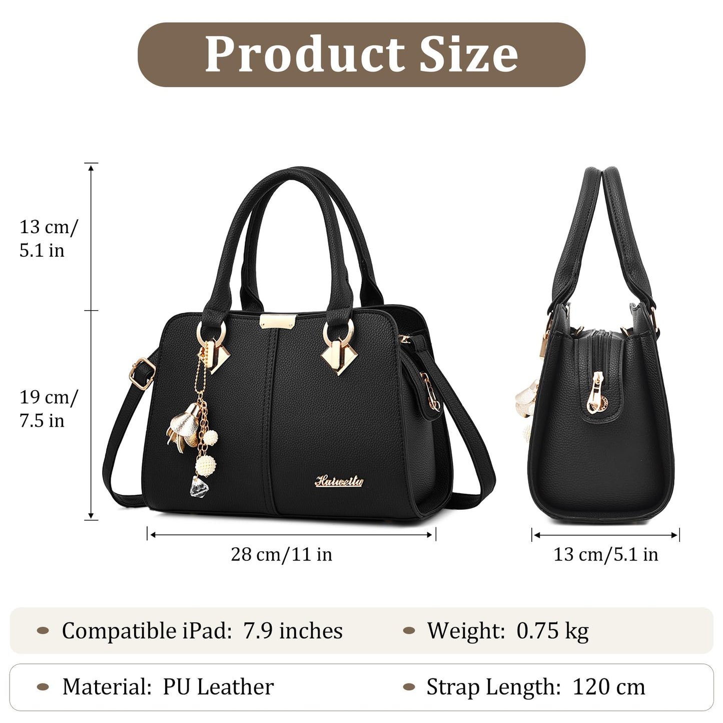 FORRICA Handbags for Women Elegant Pendant Ladies Shoulder Bags Top Handle Crossbody Bag PU Leather for Shopping Work Dating Black B