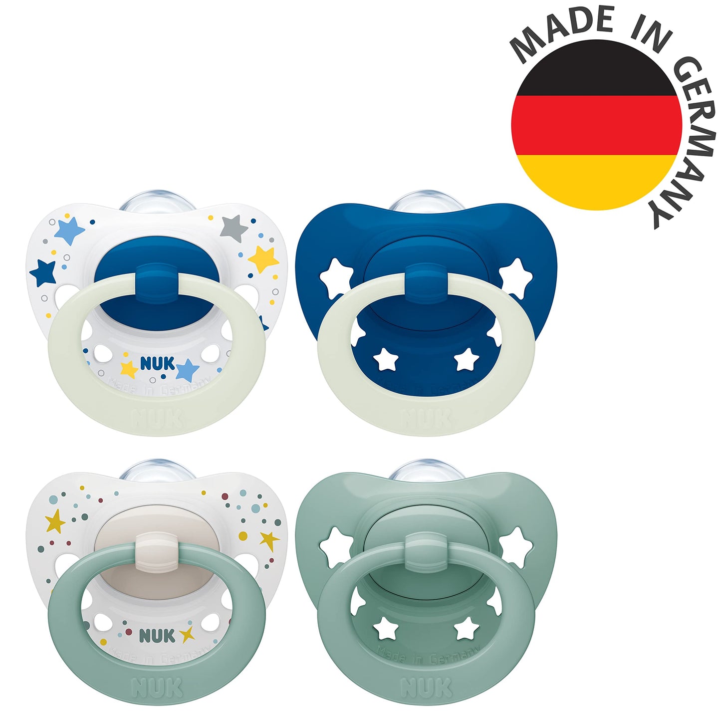 NUK Signature Day & Night Baby Dummy | 18-36 months | Soothes 95% of Babies | Heart-Shaped BPA-Free Silicone Soothers | Glow-in-the-Dark | Stars | 4 Count