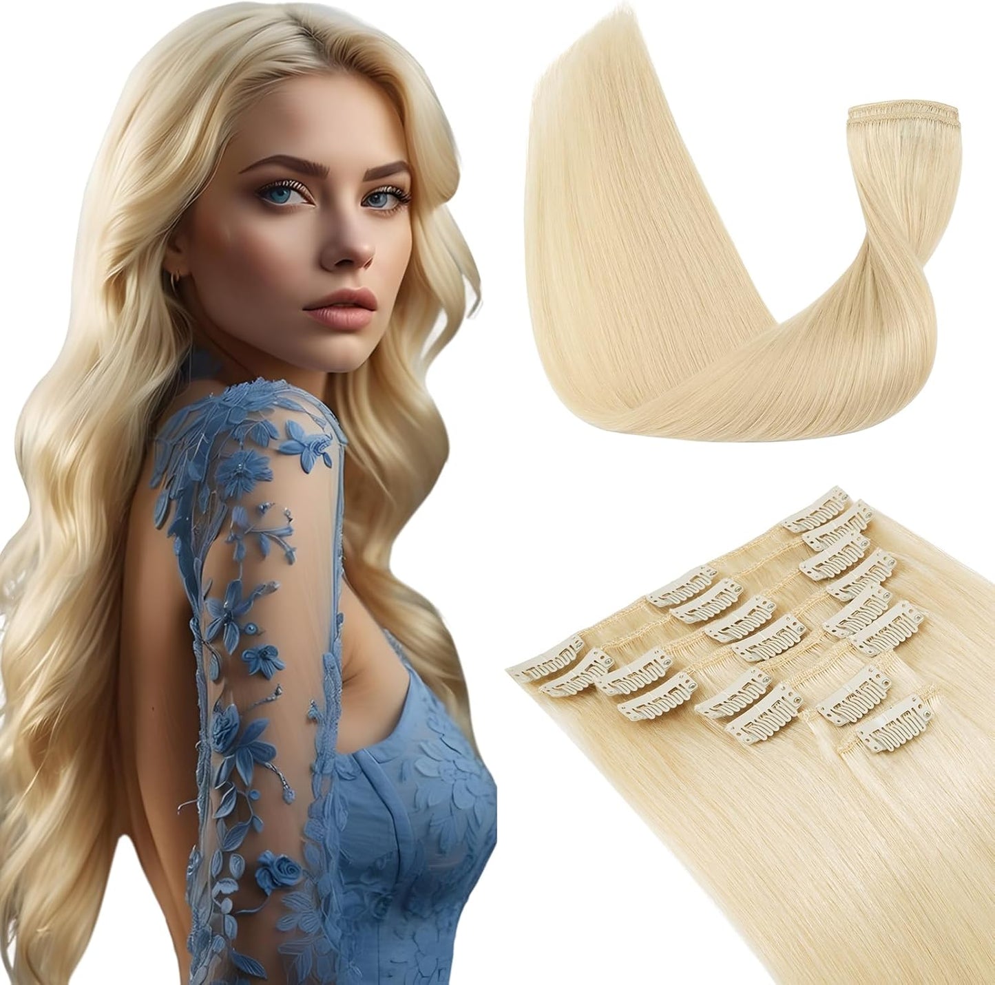 Elailite Clip in Hair Extensions Real Human Hair - 100% Remy Hair Straight 8 Pcs Thin Weft (#12/613 Golden Brown Mix Bleach Blonde, 10 Inch (50 g))