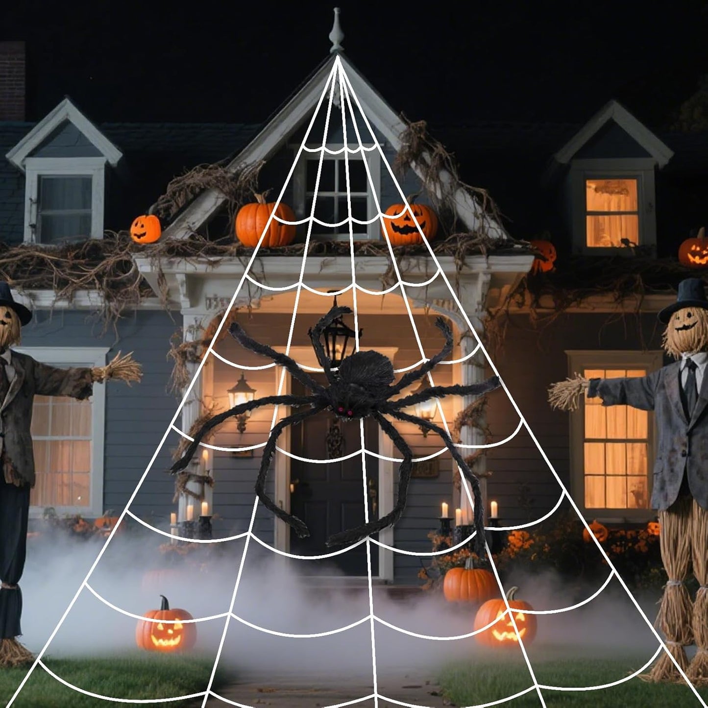 Halloween Decorations, 16.4FT Diameter Spider Web Lights with Black 4FT Spider, 250 LED Waterproof Net Lights, Remote Control, 8 Modes Cobweb for Yard House Garden Outdoor Indoor Party Haunted Decor