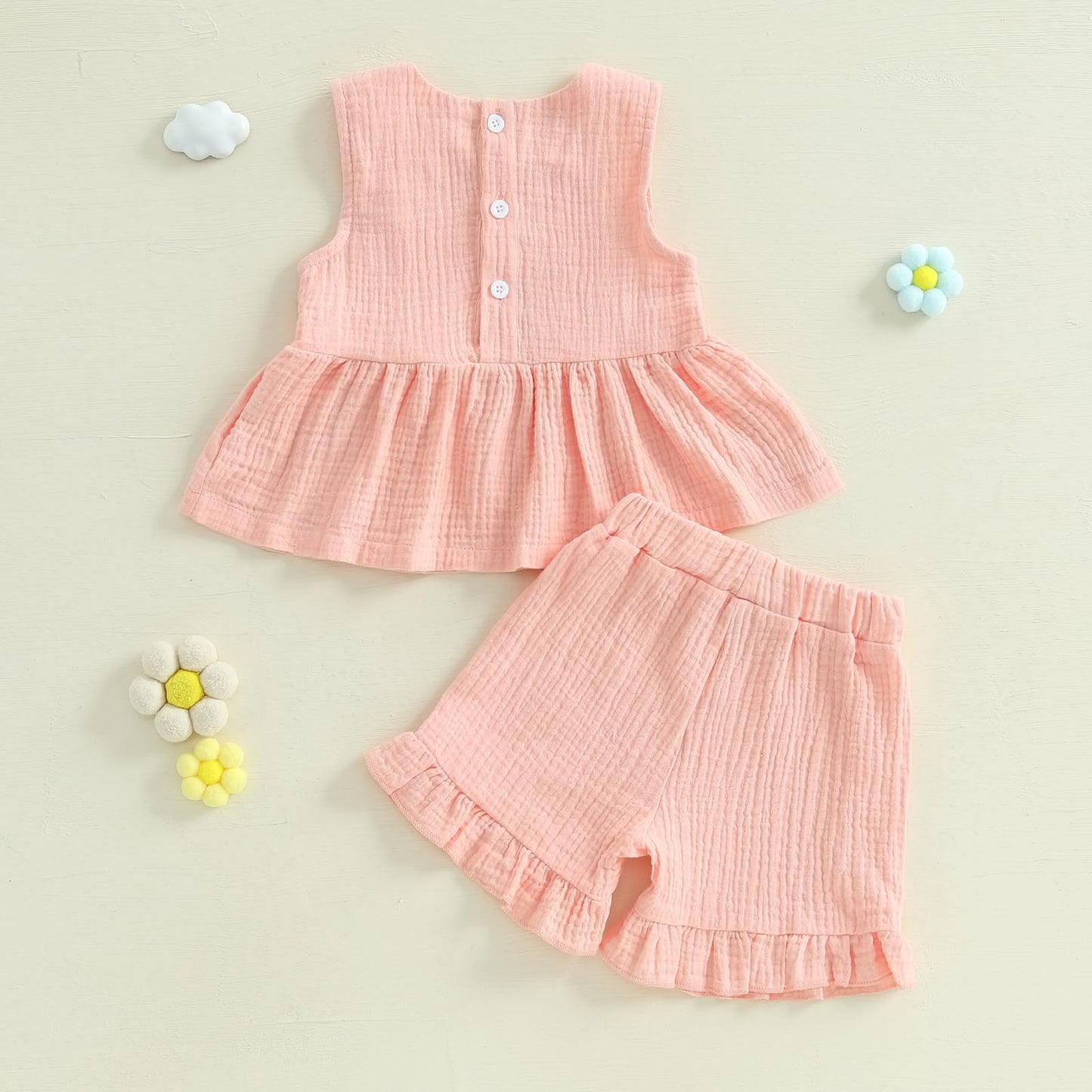 YILEEGOO Toddler Baby Girl Summer Outfits Cotton Baby Clothes Ribbed Sleeveless Bow Ruffled Tank Vest Shirt Tops with Shorts Set