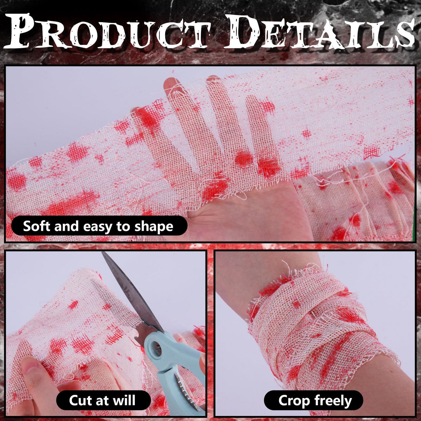 GIONAR 50M Halloween Creepy Blood Cloth - Scary Creepy Cloth with Bloody Prints- Spooky Fabric Blood Strip Drape for Halloween Doorway Curtain Costume Decor