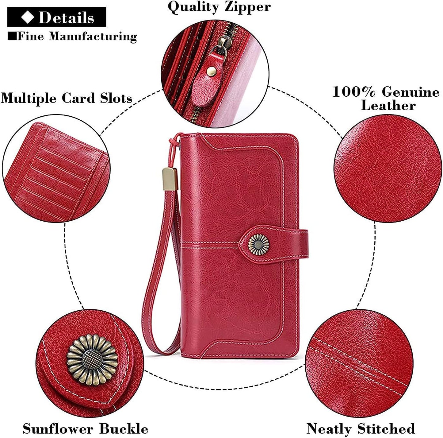 SENDEFN Genuine Leather Purses for Women, RFID Large Ladies Purse, Wallet for Women with Wrist Strap