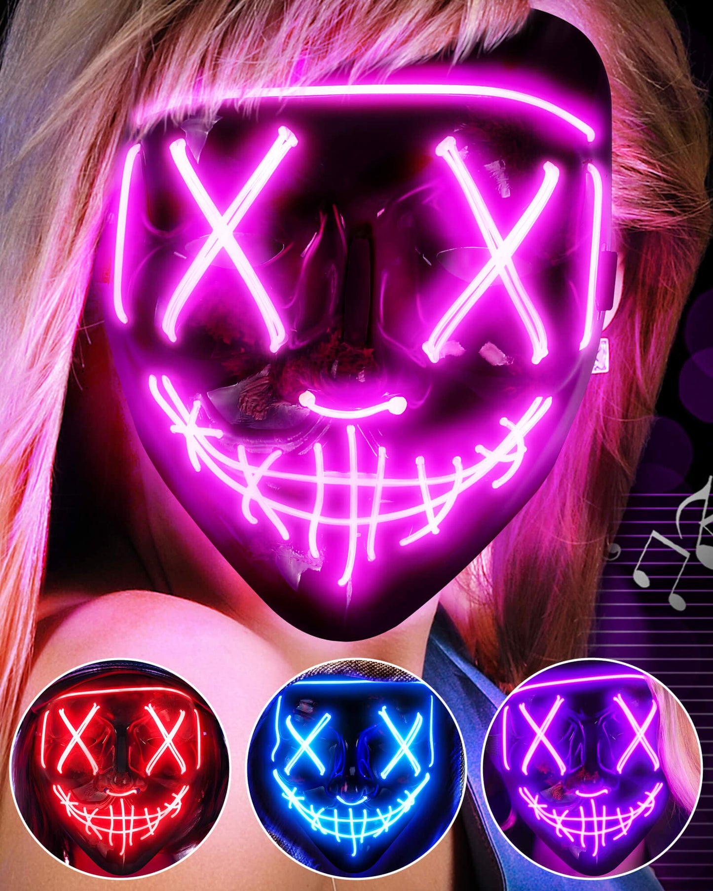 AnanBros Scary LED Halloween Mask, Light up Mask Cosplay, LED Rave Face Mask Costume 3 Lighting Modes, Halloween Face Masks for Men Women Kids