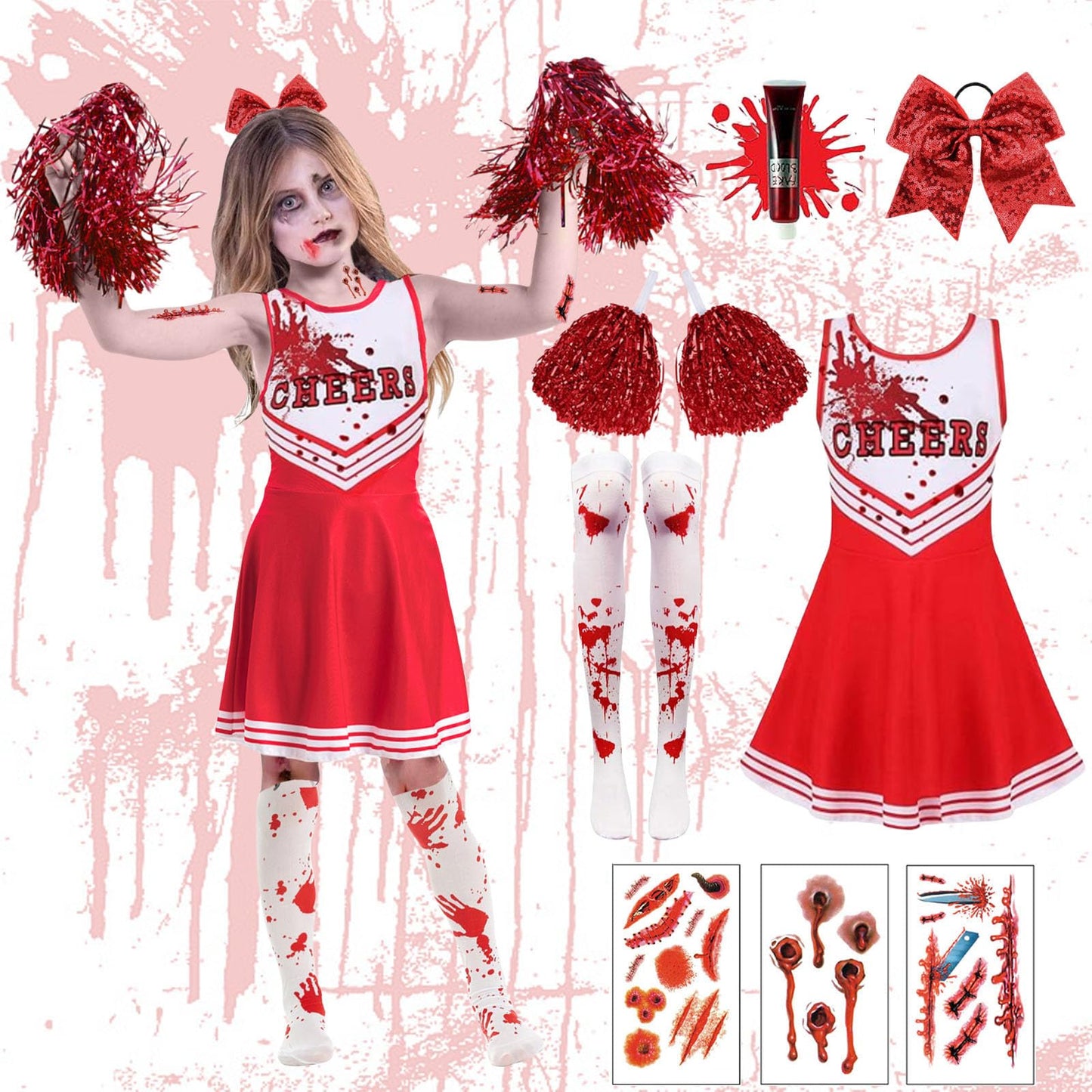 9PCS 130 yards/140 yards Cheerleader Outfit, Zombie Costume Cheerleader, Zombie Fancy Dress Outfit for Girls Girls' Cheerleader Uniform Outfits Womens Costume Cheerleader Costume Dress Outfit Kids