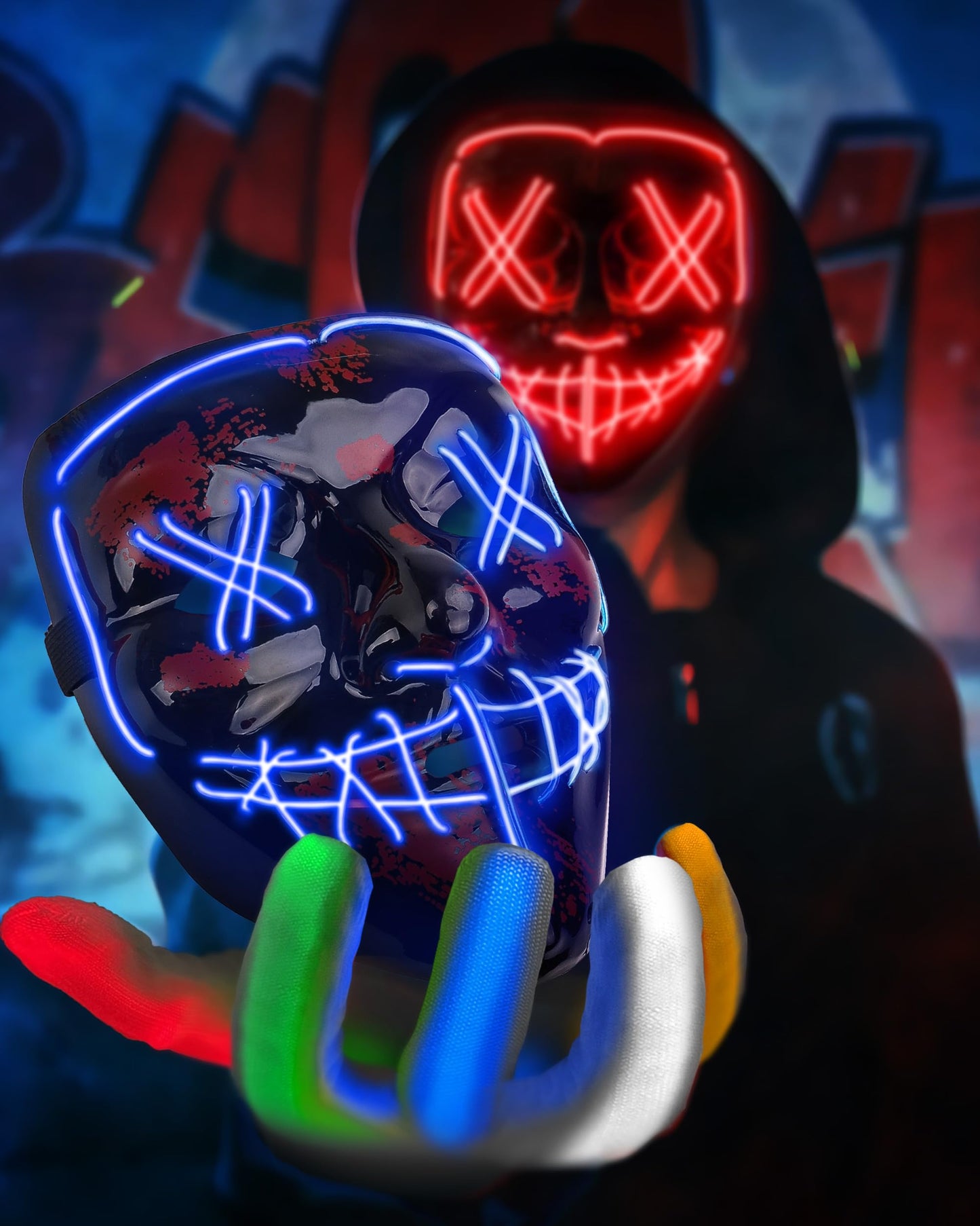 Colplay New LED Halloween Mask & Gloves in Multiple Light Modes, The Purge Mask Costume, Light up Scary Mask Gloves, Halloween Costumes for Women Kids Girls, Anonymous Neon Mask Halloween Gifts