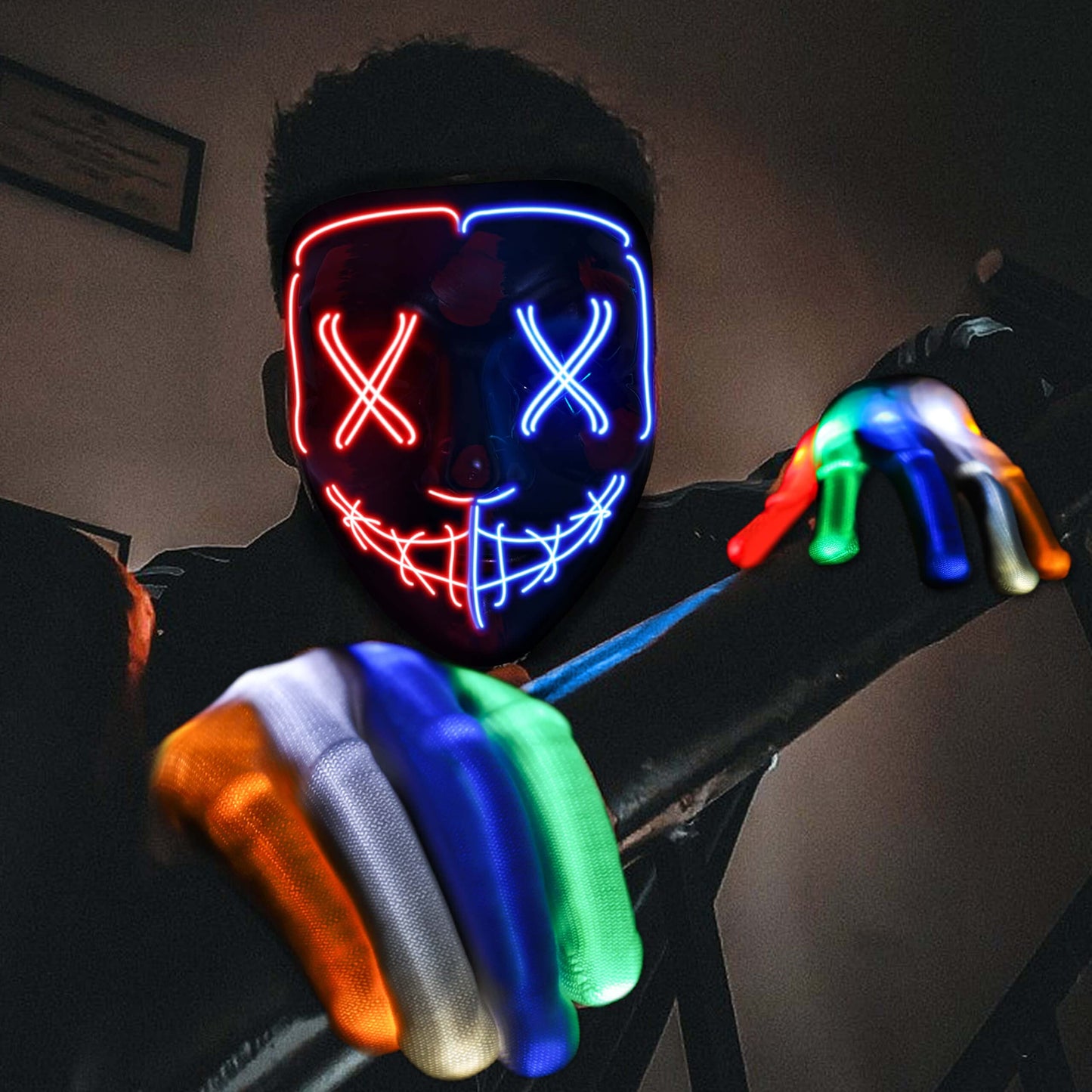 Colplay New LED Halloween Mask & Gloves in Multiple Light Modes, The Purge Mask Costume, Light up Scary Mask Gloves, Halloween Costumes for Women Kids Girls, Anonymous Neon Mask Halloween Gifts