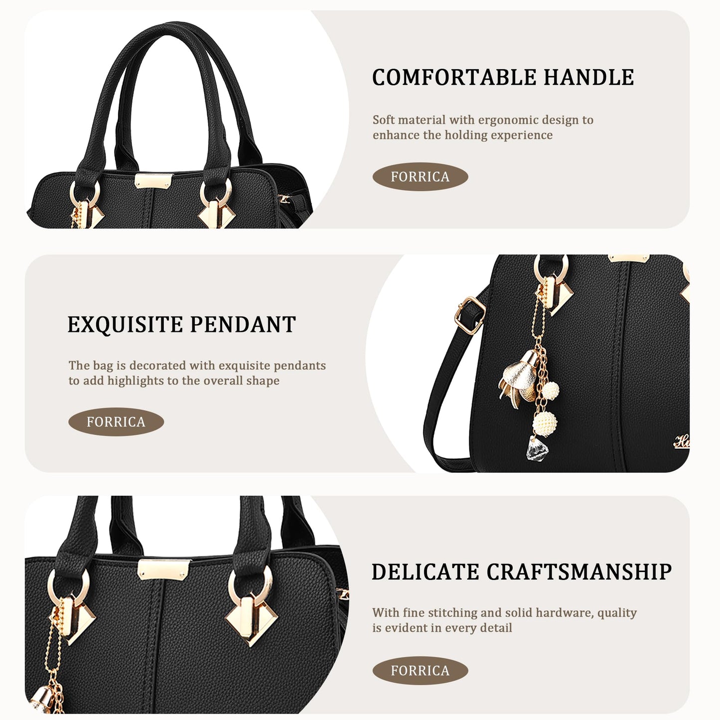 FORRICA Handbags for Women Elegant Pendant Ladies Shoulder Bags Top Handle Crossbody Bag PU Leather for Shopping Work Dating Black B