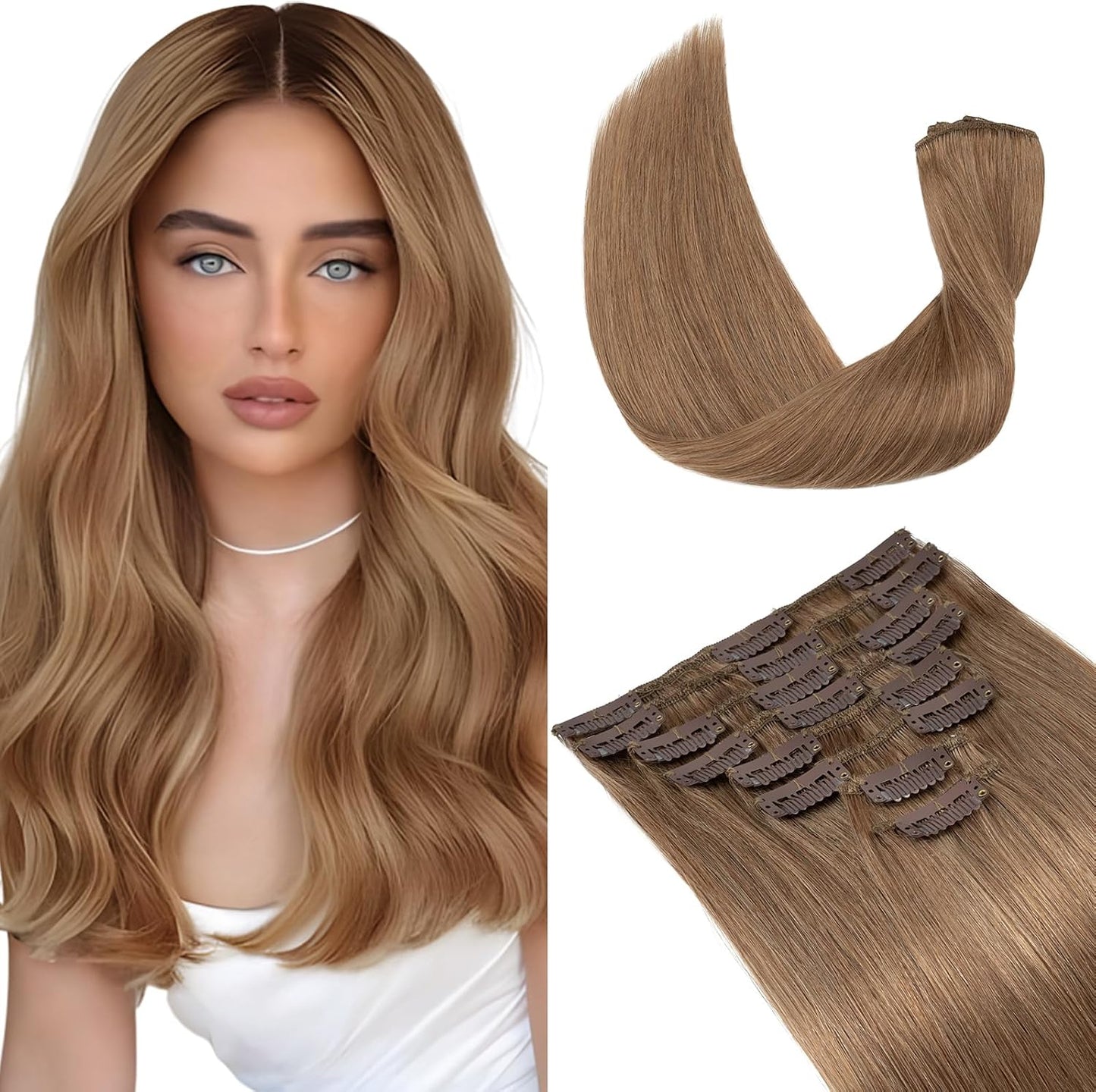 Elailite Clip in Hair Extensions Real Human Hair - 100% Remy Hair Straight 8 Pcs Thin Weft (#12/613 Golden Brown Mix Bleach Blonde, 10 Inch (50 g))