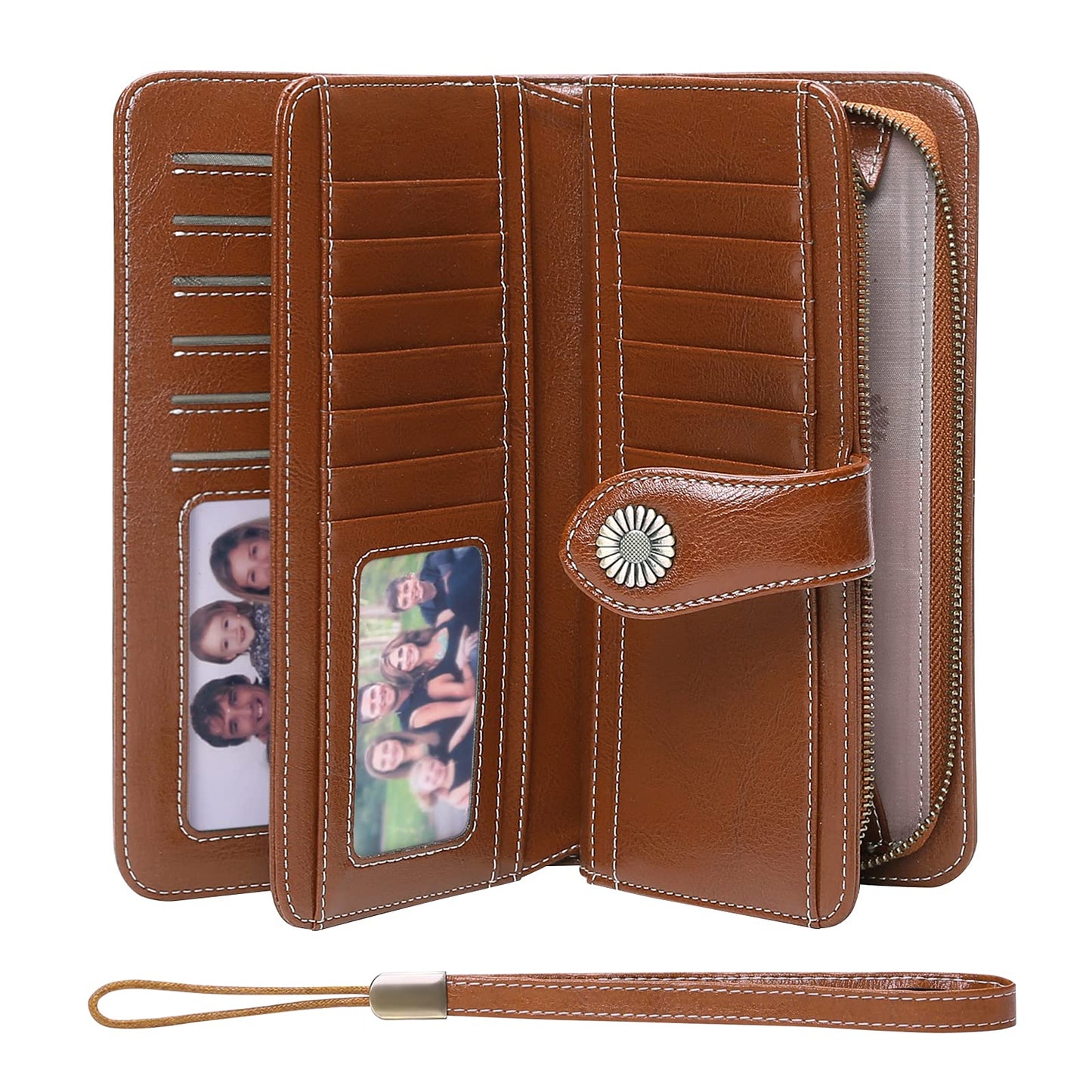 SENDEFN Genuine Leather Purses for Women, RFID Large Ladies Purse, Wallet for Women with Wrist Strap