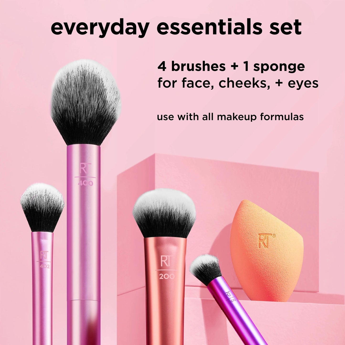 REAL TECHNIQUES,5 Count (Pack of 1) Everyday Essentials Makeup Brush Complete Face Set (Miracle Complexion Sponge, Expert Face, Blush, Setting and Deluxe Crease Brushes)