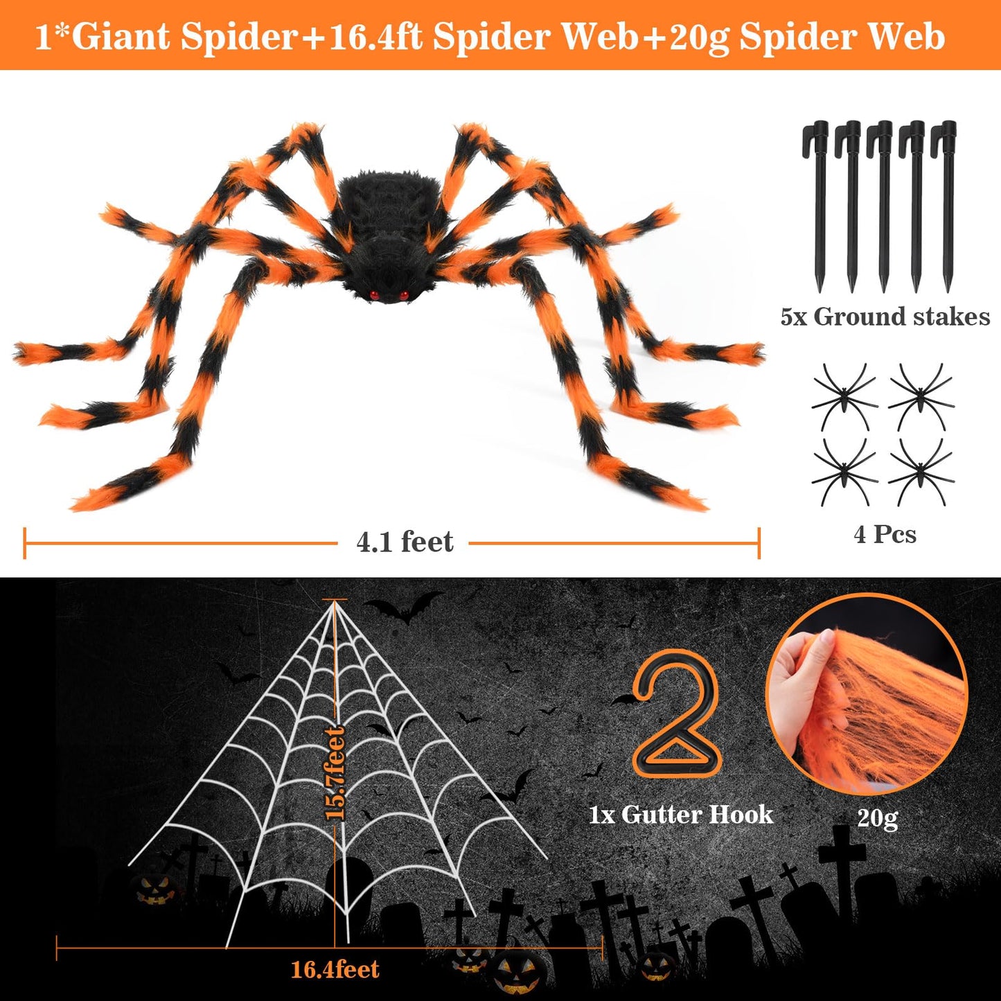 Halloween Decorations Spider Web, 50'' Giant Spider + 200'' Triangular Giant Spider Web and 20G Spider Web, Halloween Spider for Indoor Outdoor Scary Haunted House Spider Web Party Halloween Yard