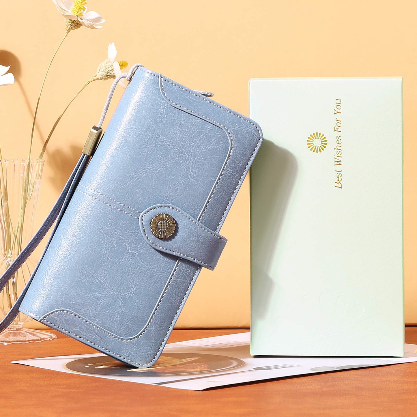 SENDEFN Genuine Leather Purses for Women, RFID Large Ladies Purse, Wallet for Women with Wrist Strap