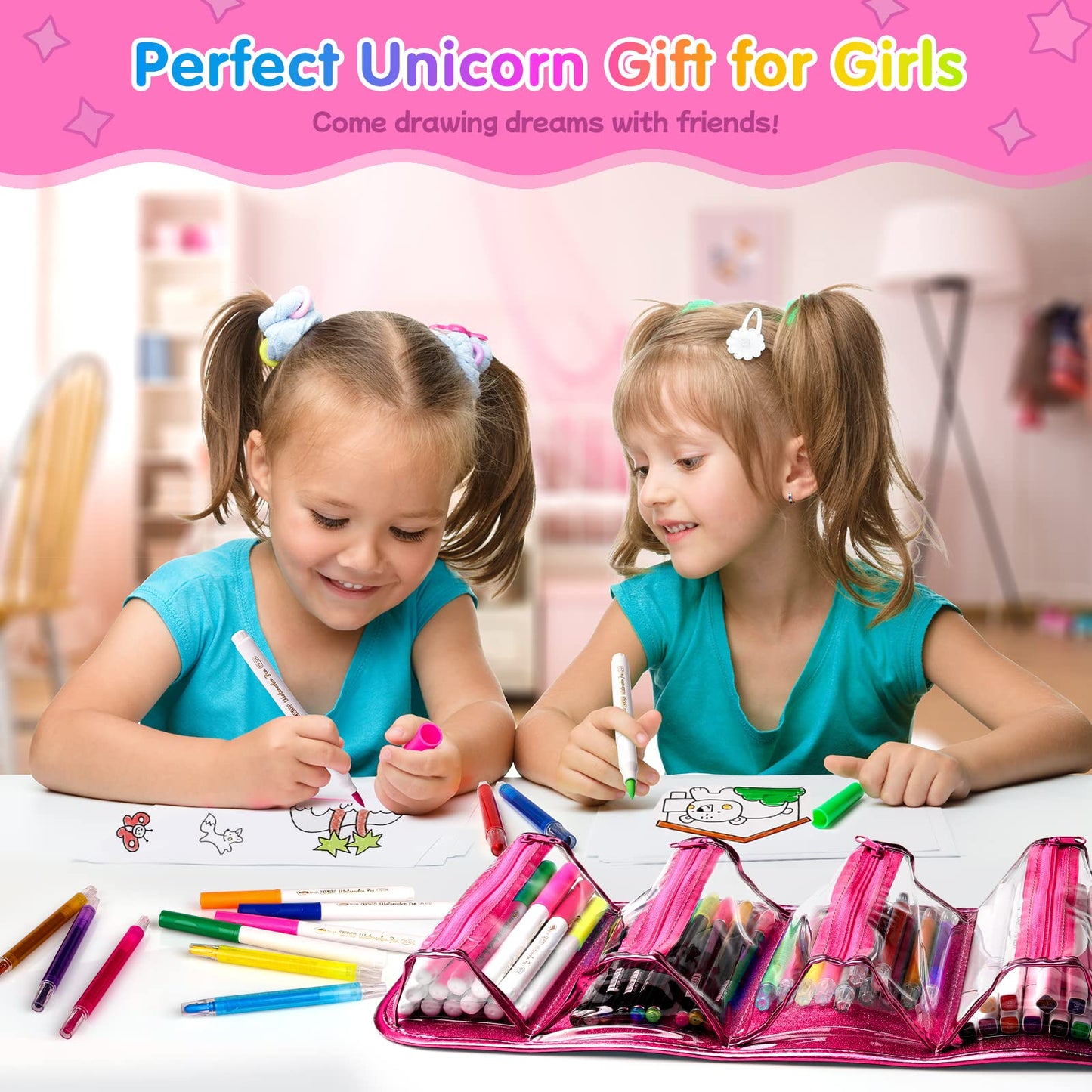 Hot Bee Unicorn Gifts for Girls 4 5 6 7, Unicorn Pencil Case Stationary Sets, Girl Toys Age 4-7, Drawing Colouring Set for Kids, Art and Crafts for Kids 4-6, Birthday Presents for Girls