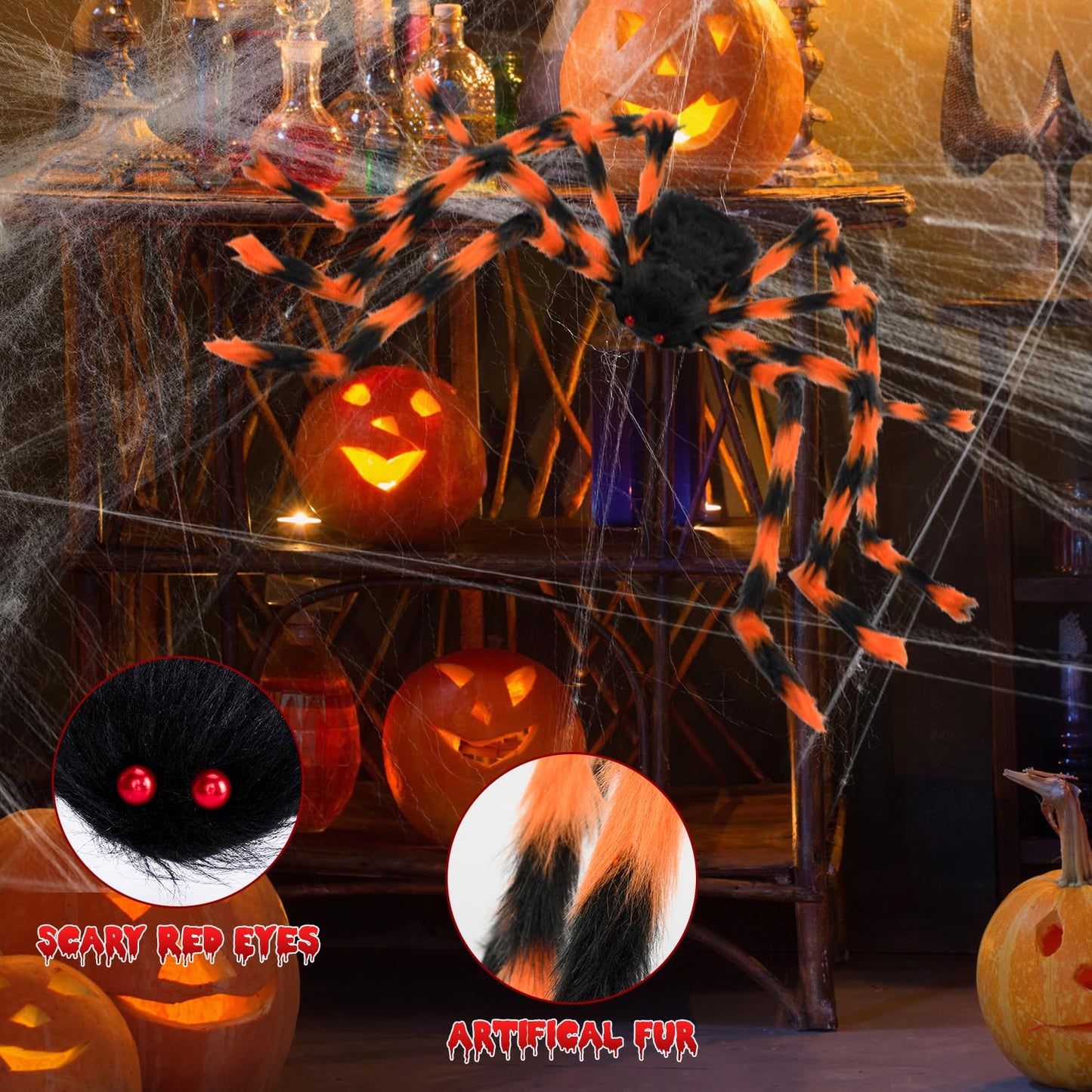 benpen Halloween Decorations Outdoor Gaint Spider:50'' Halloween Spiders Decor+10pcs Scary Hairy Fake Spiders+60g Cobweb Props for Indoor Outdoor Scary Haunted House Theme Party Yard