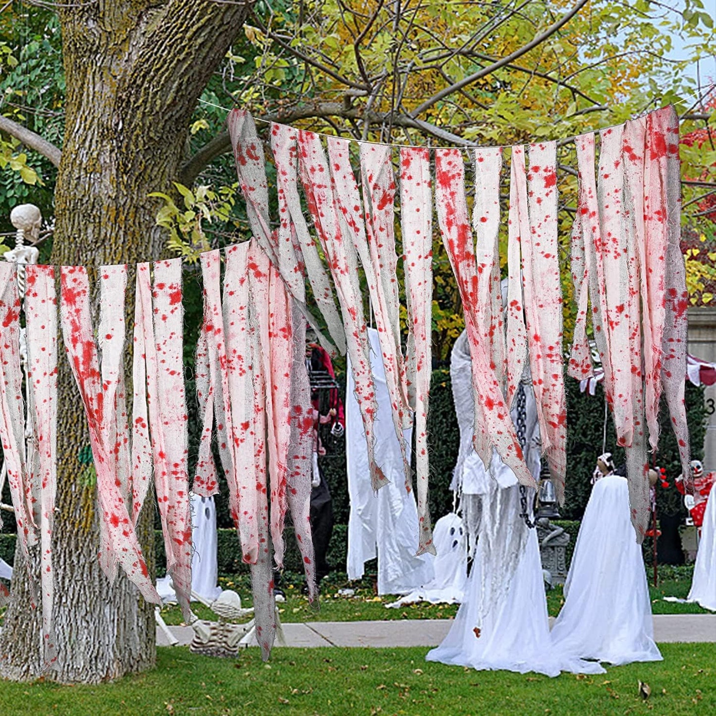 GIONAR 50M Halloween Creepy Blood Cloth - Scary Creepy Cloth with Bloody Prints- Spooky Fabric Blood Strip Drape for Halloween Doorway Curtain Costume Decor